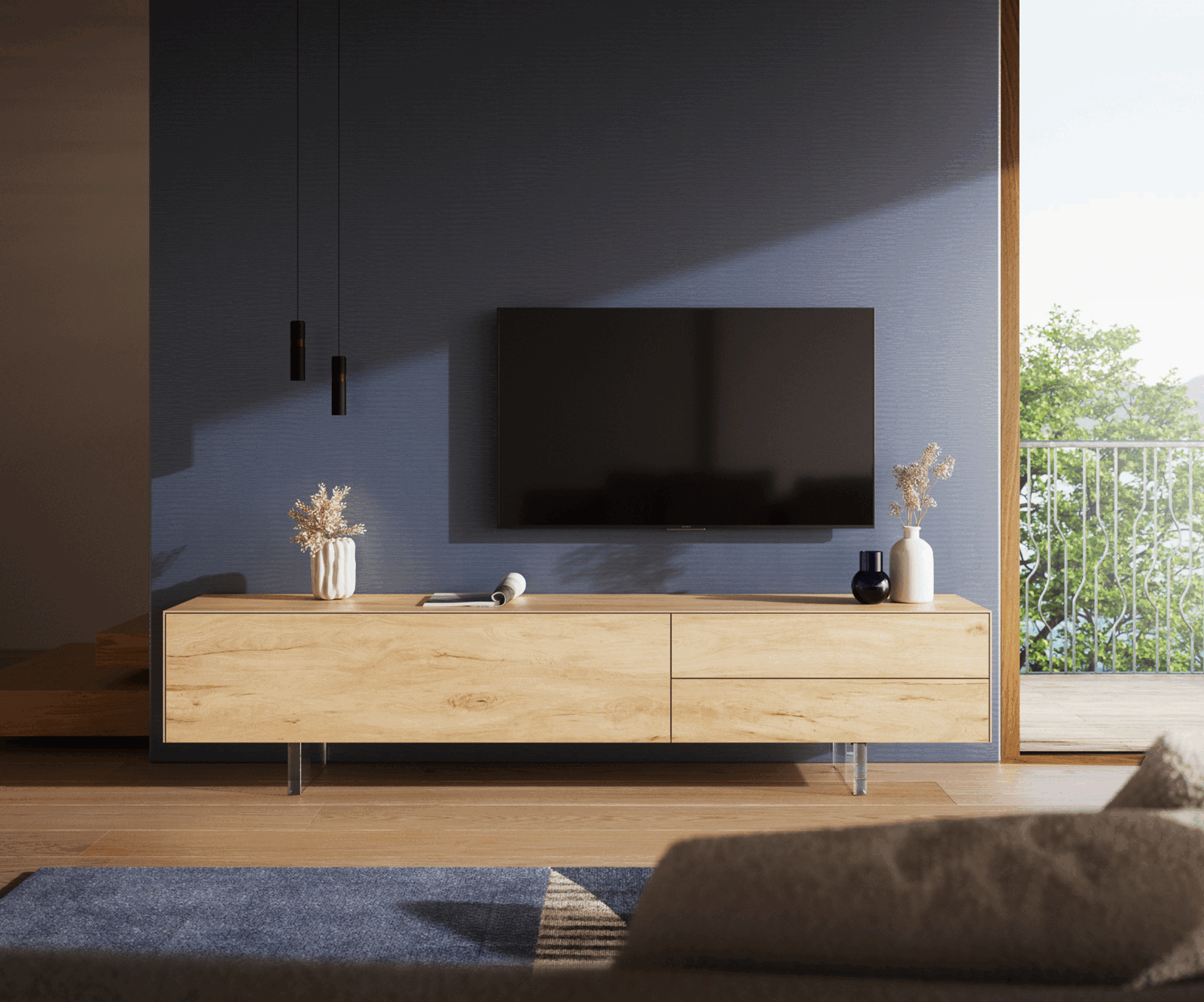 Tv-meubel Cuor 220 cm Keramiek Laminam® Sabbia Eiken gekleurd 1 Flap 2 Laden Zwevende voet look Acrylglas 2