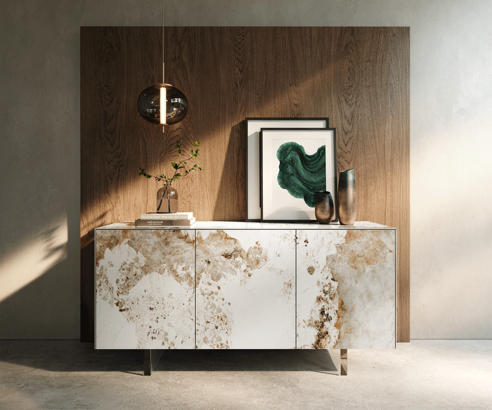 Dressoir Cuor 150 cm Keramiek Minas Melange Wit-beige 3 Deuren Zwevende voet look Acrylglas 1