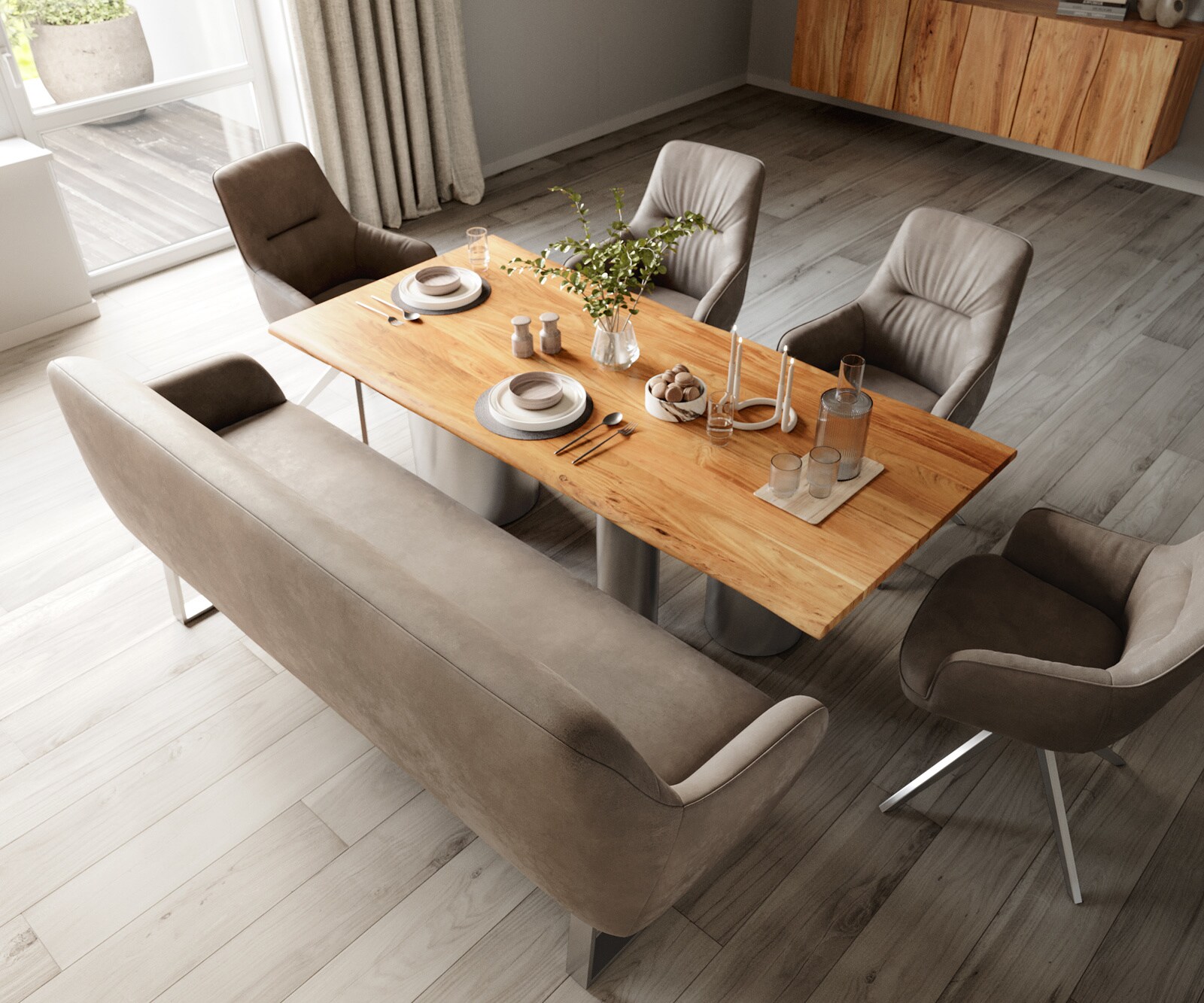 Eetkamerbank Taya-Flex 200 cm microvelours taupe vintage gekant sledeframe roestvrij staal pocketvering 3