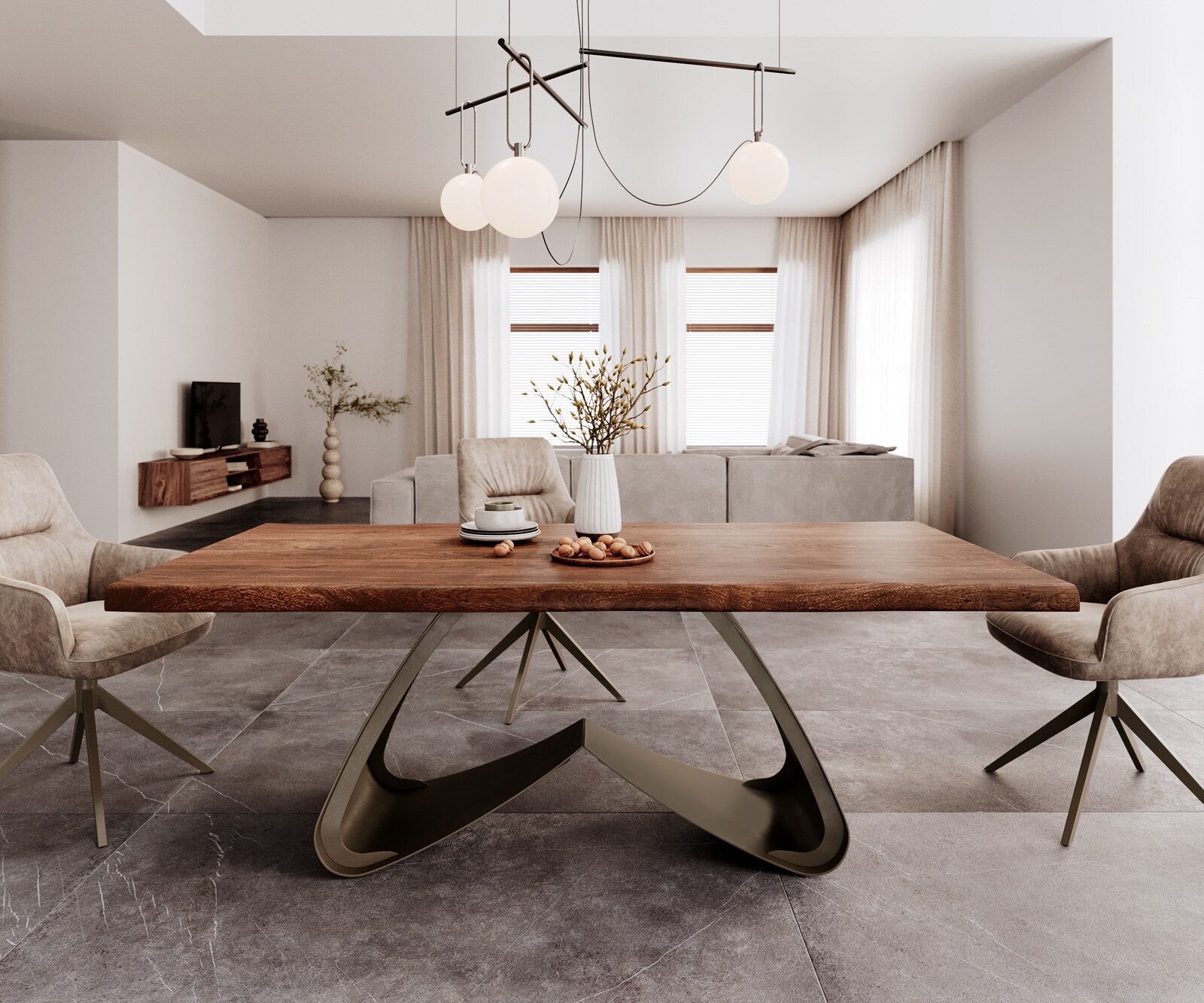 Eetkamertafel Edge 200x100 XL acacia bruin W-frame metaal effectafwerking titaan Live-Edge 2