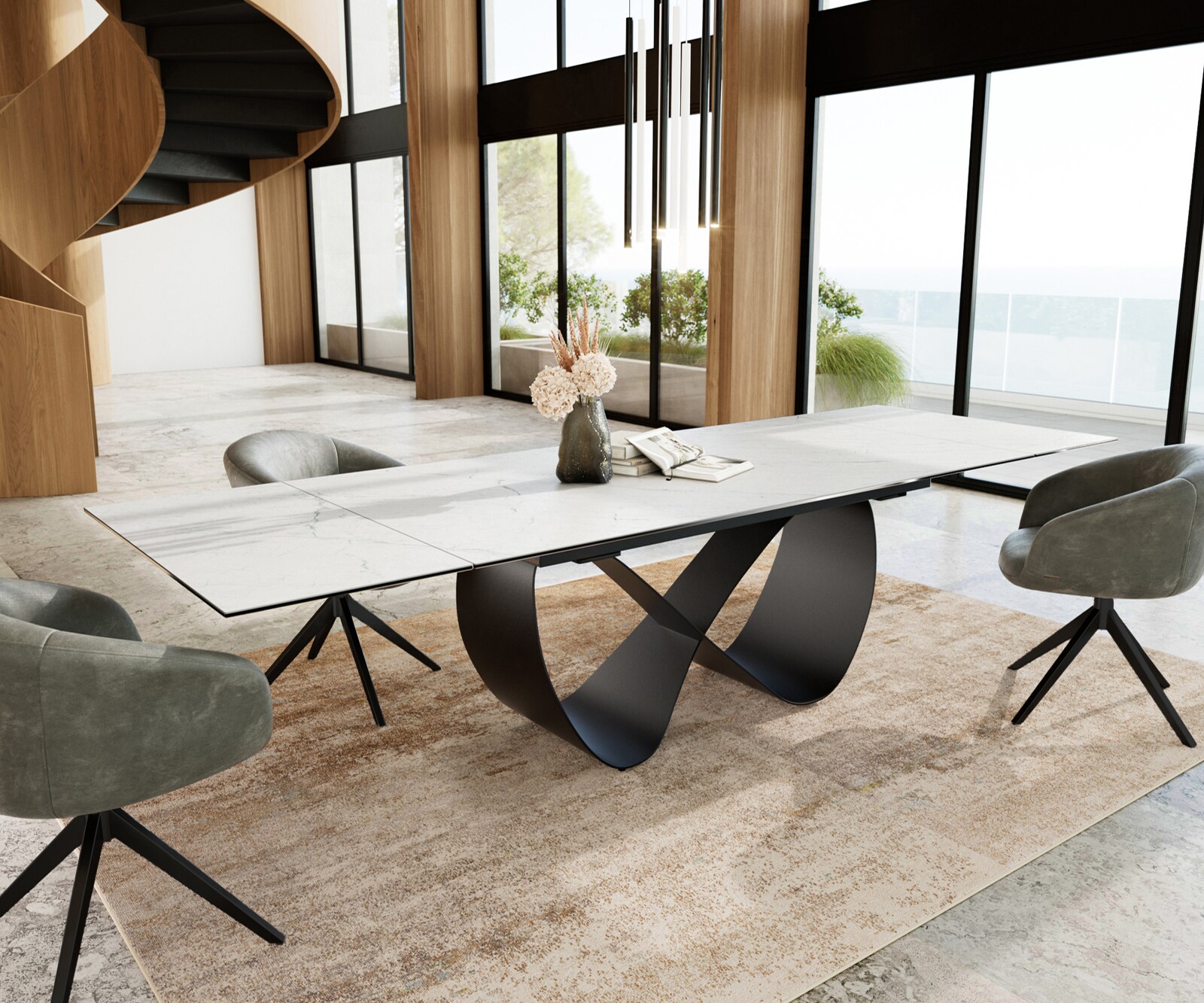 Eetkamertafel Edge 200-300x100 cm Keramiek Laminam®Statuarietto Wit Infinity Metaal Zwart uitschuifbaar 8