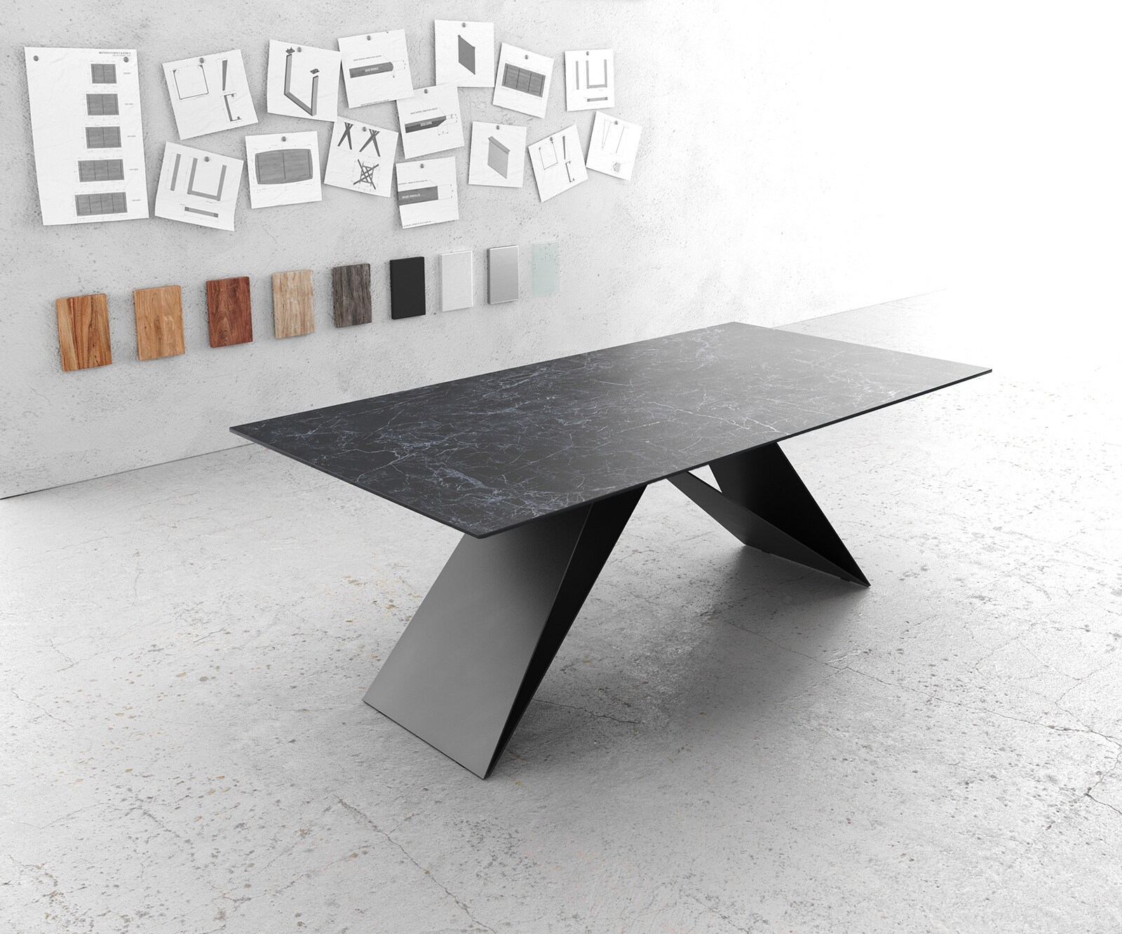 Eettafel Edge 200x100cm Laminam® keramiek grijs V-middenpoot zwart