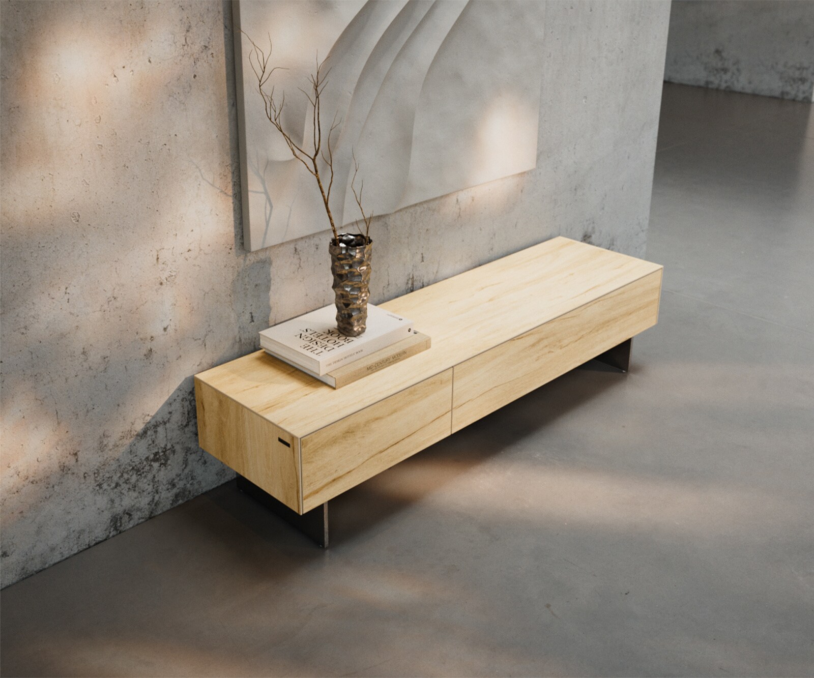 Tv-meubel Cuor 150 cm Keramiek Laminam® Sabbia Eiken gekleurd 1 Flap 1 Lade Zwevende voet look Roestvrij staal 3