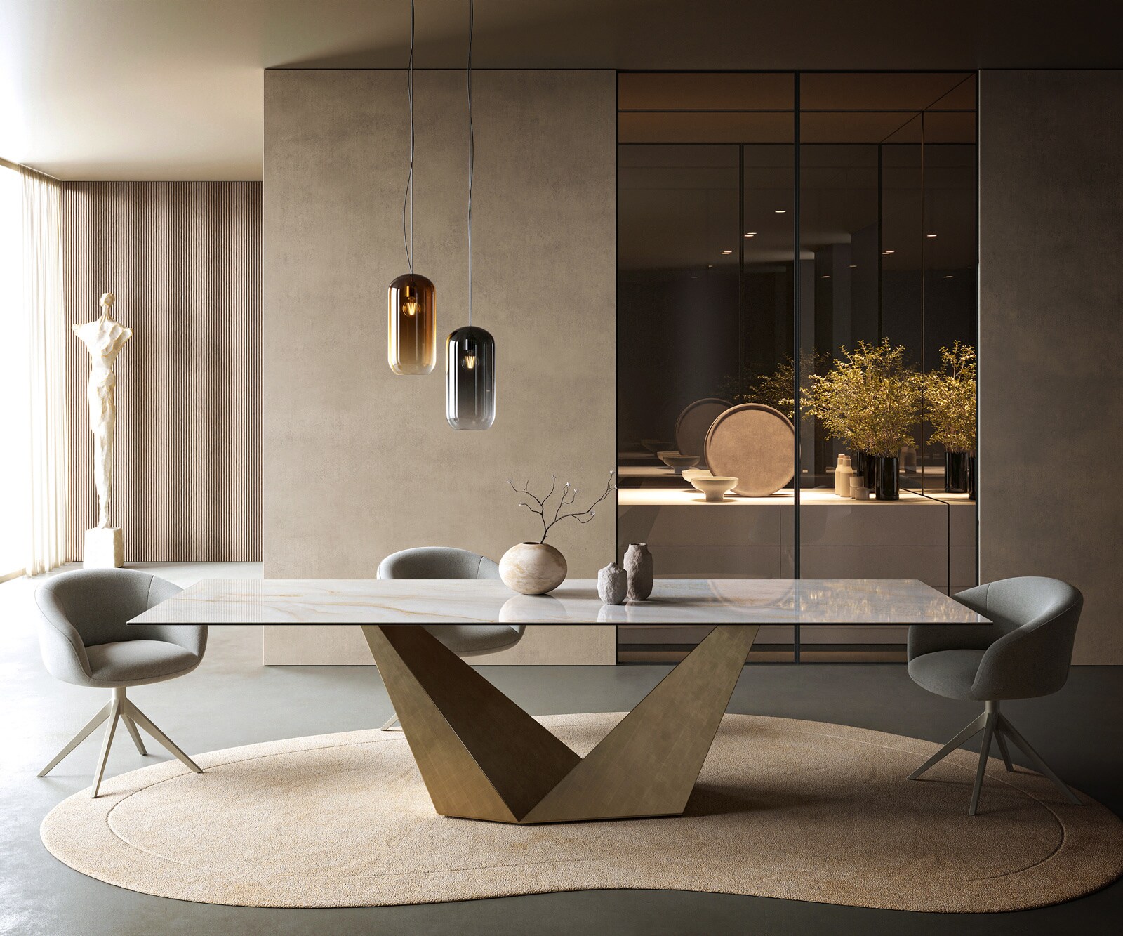 Eettafel Edge 300x100 cm keramiek Onyx Pearl Prisma metallic goud 2