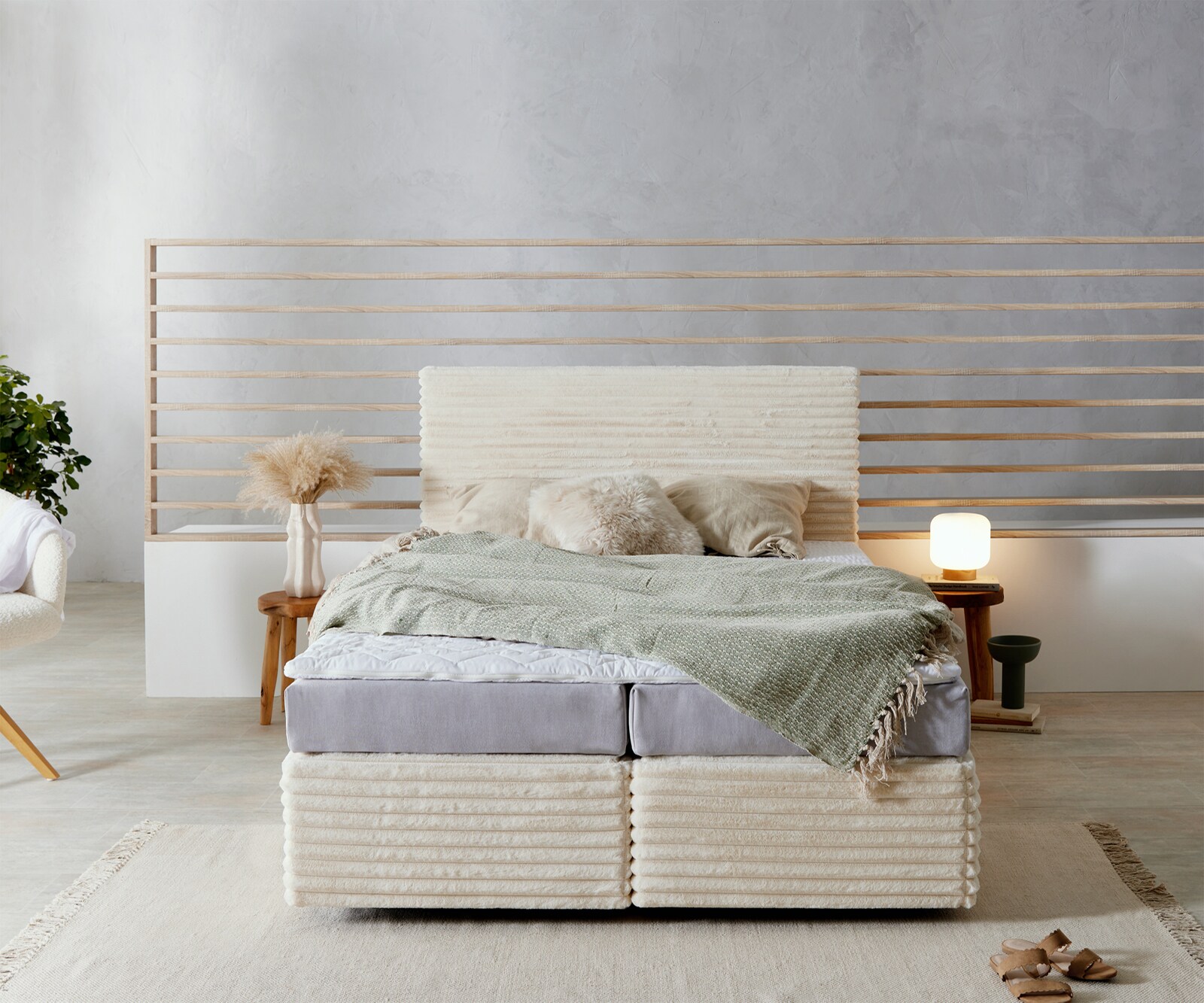 Boxspringbed Dream-Well pluche corduroy beige 140x200 cm TFK matras Visco topper 1 Boxspringbed Dream-Well pluche corduroy beige 140x200 cm TFK matras Visco topper 1