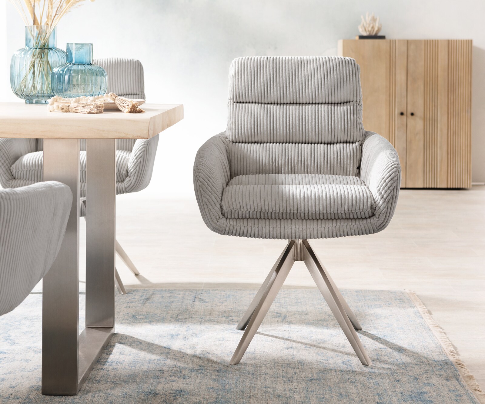 Eetkamerstoel Abelia-Flex met armleuning koord zilver grijs kruisframe hoekig roestvrij staal 1 Eetkamerstoel Abelia-Flex met armleuning koord zilver grijs kruisframe hoekig roestvrij staal 1