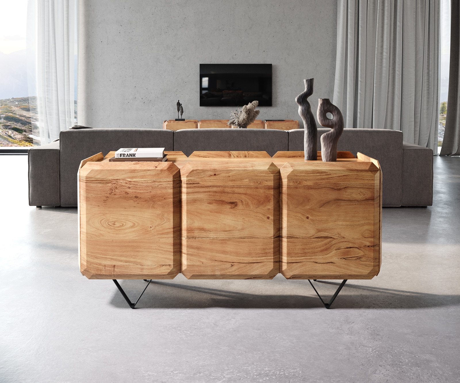 Sideboard Kiano 145 cm Acacia Natuur 3 Deuren V-voet Zwart Roomdivider 1 Sideboard Kiano 145 cm Acacia Natuur 3 Deuren V-voet Zwart Roomdivider 1