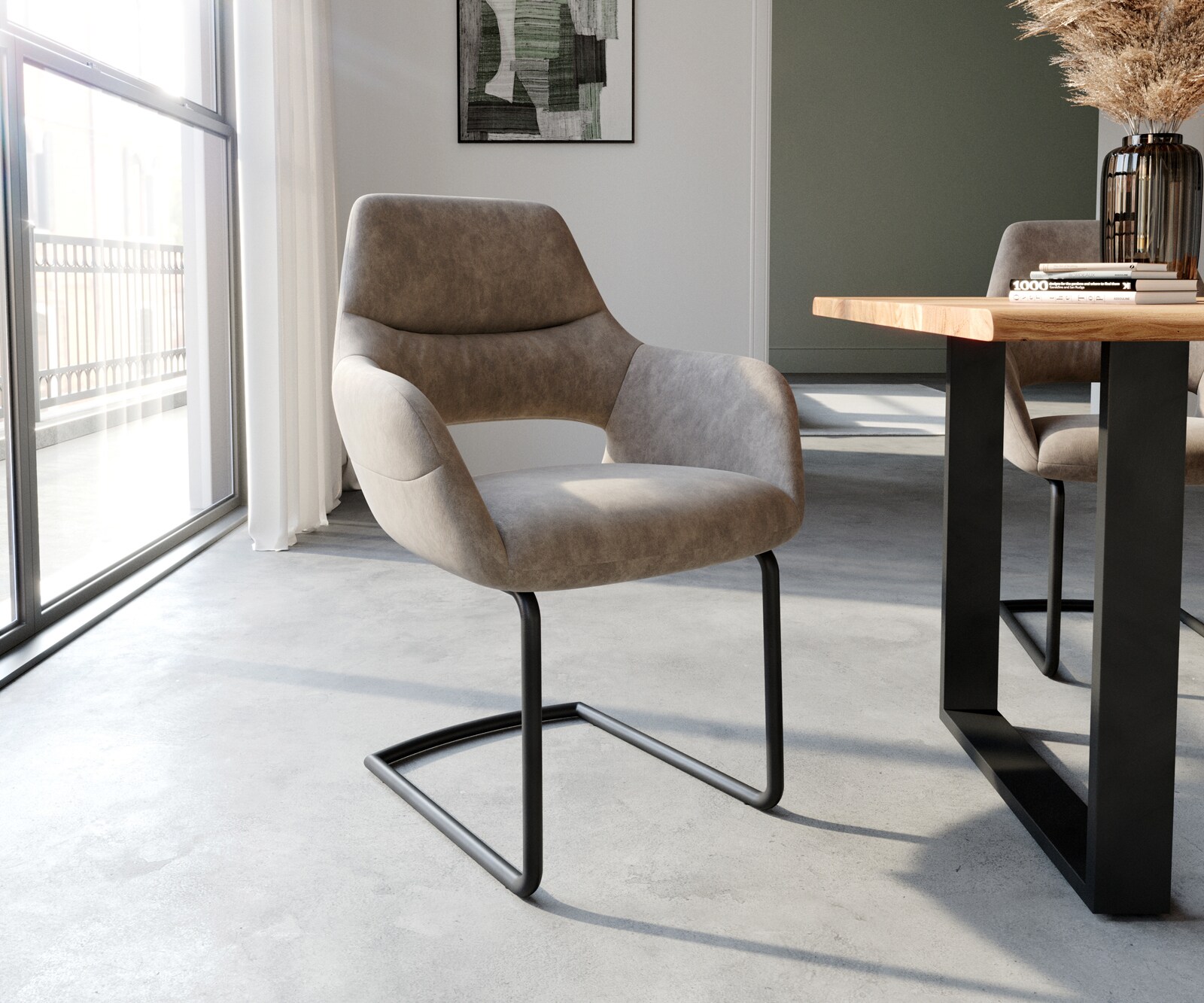 Sledemodel Yago-Flex met armleuning microvelours taupe vintage sledemodel rond zwart pocketveer kern 1