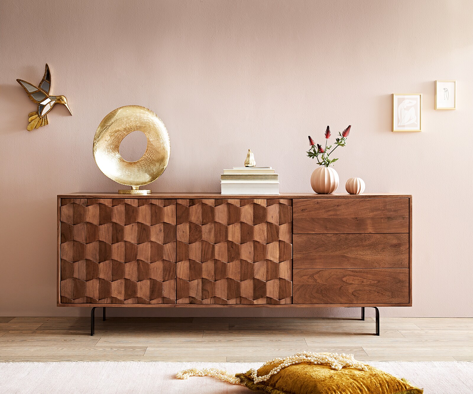 Dressoir Fevo 175 cm Acacia bruin 2 deuren 3 schuifladen L-poot 1