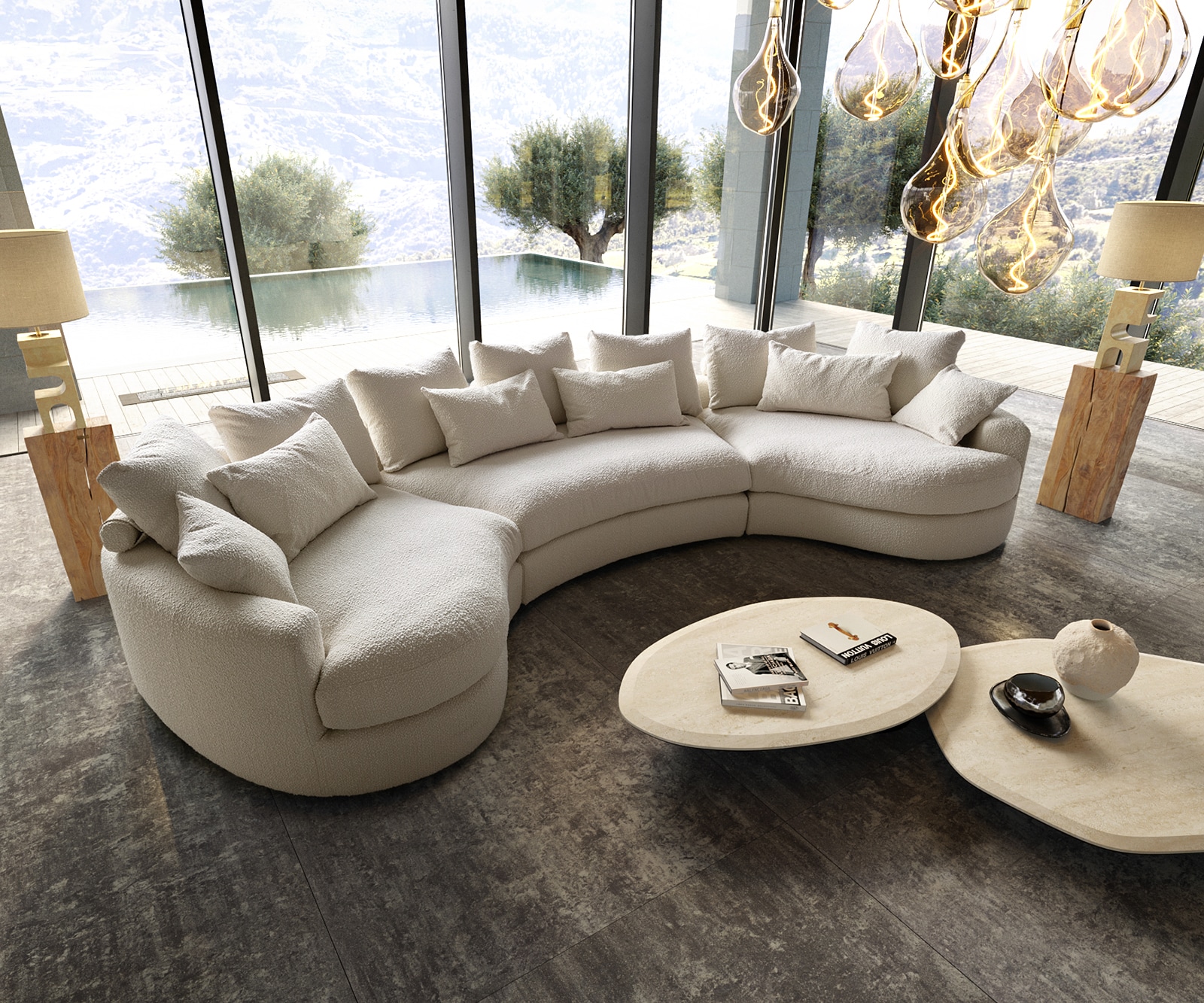 Mega-sofa Estrea 410x155 cm Bouclé Crème Wit ronde Bankstel