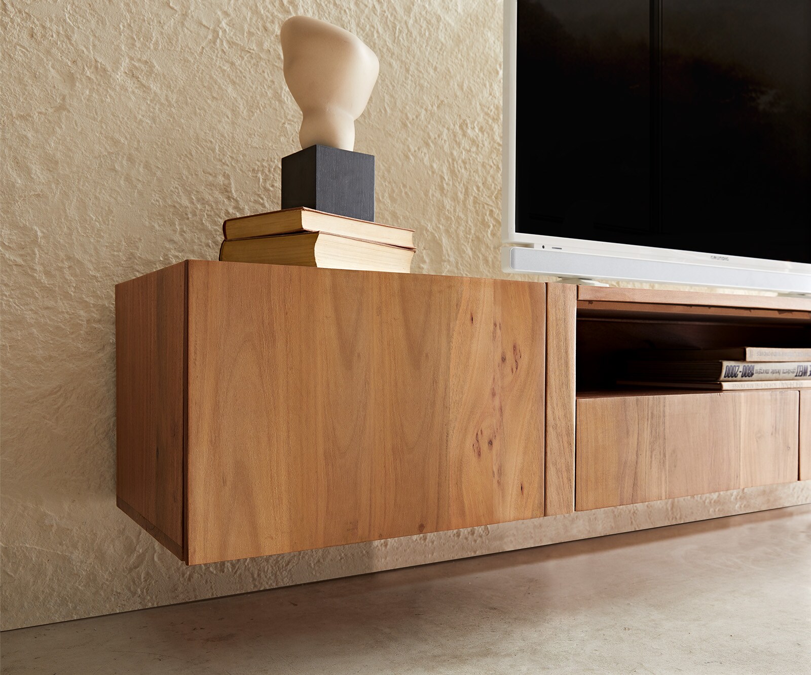 TV-meubel Secara 220 cm acacia natuur 2 deuren 2 laden marmer zwevend 3 TV-meubel Secara 220 cm acacia natuur 2 deuren 2 laden marmer zwevend 3