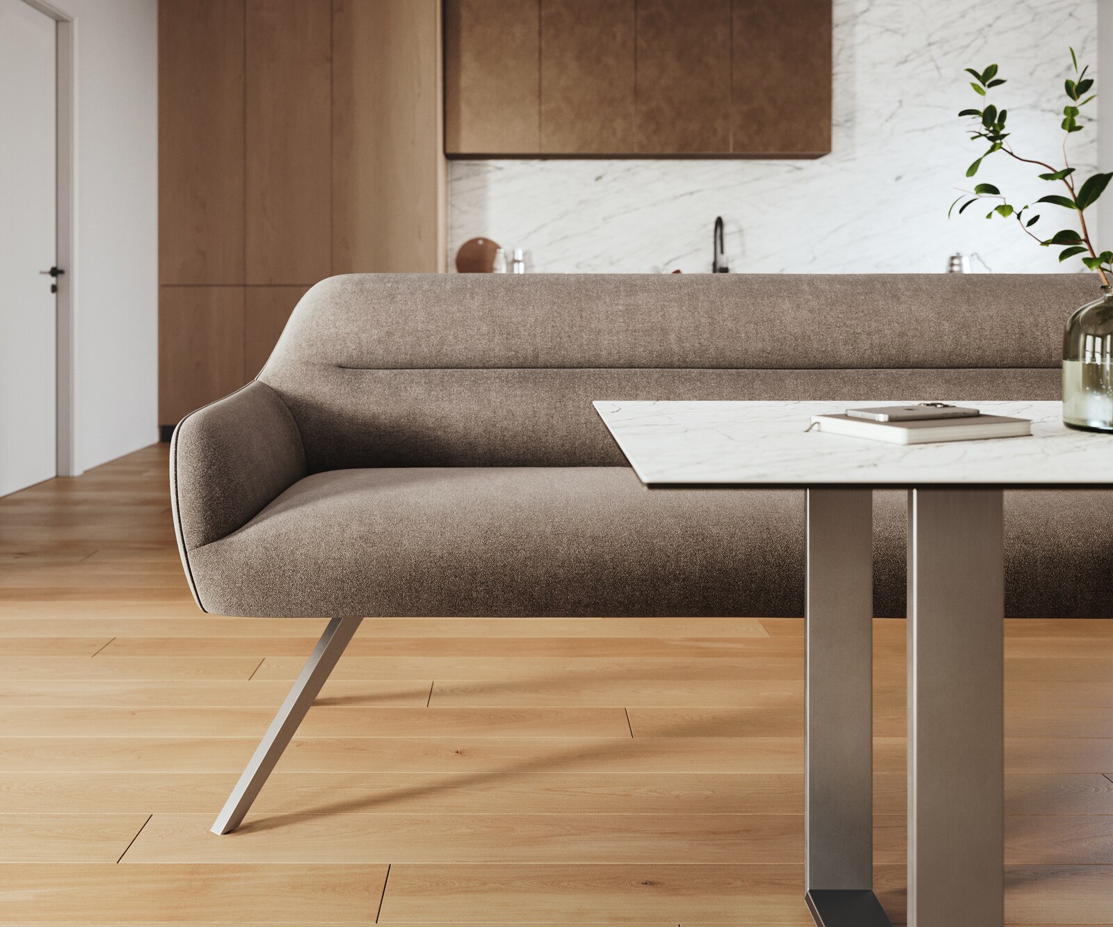 Eetkamerbank Taya-Flex 200 cm zachte stof met structuur taupe hoekig kruisframe roestvrij staal pocketvering 2