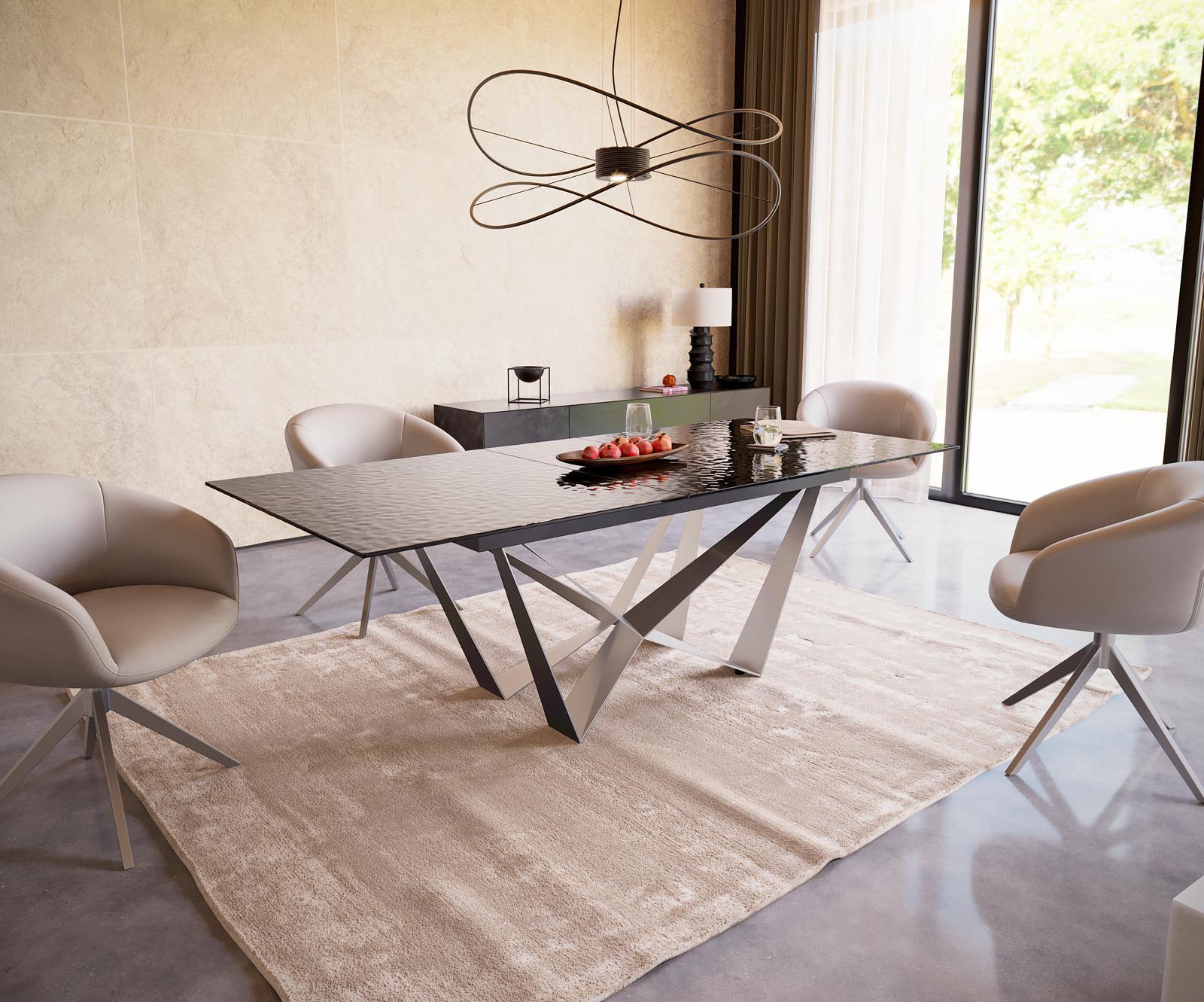 Eetkamertafel Edge 180-220x100 Glas smelten rokerig zwart 3D-Relief spider vlak staal RVS uitschuifbaar 5 Eetkamertafel Edge 180-220x100 Glas smelten rokerig zwart 3D-Relief spider vlak staal RVS uitschuifbaar 5