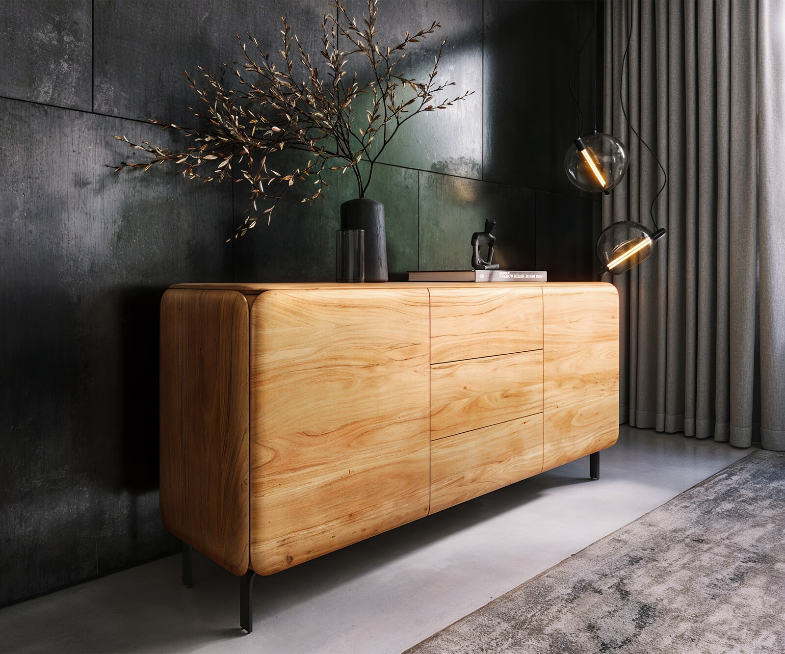Dressoir Shavani 175 cm acacia natuur 2 deuren 3 lades L-poot metaal zwart