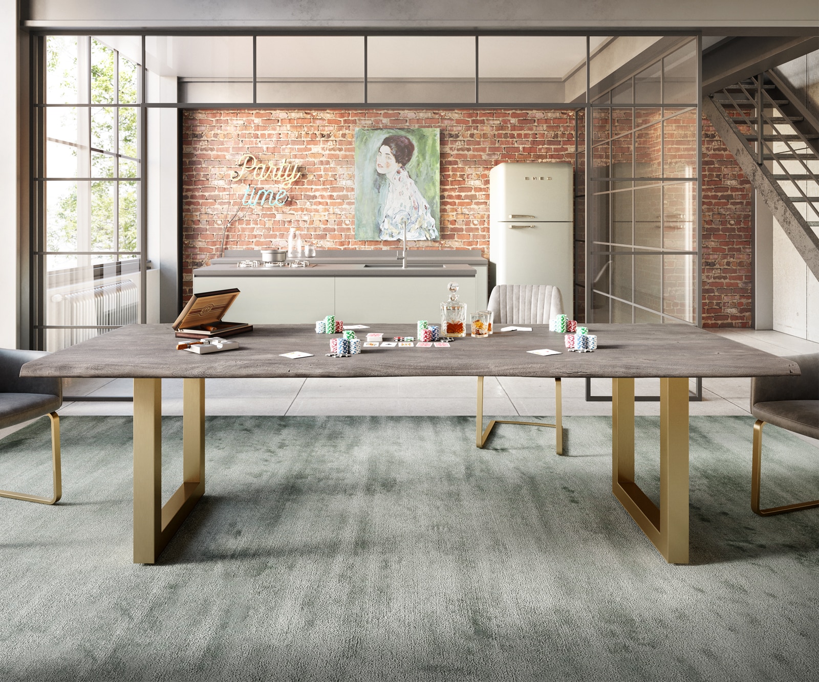 Eettafel Edge 260x100 acacia platina  roestvrij staal goud breed Live-Edge 4 Eettafel Edge 260x100 acacia platina  roestvrij staal goud breed Live-Edge 4