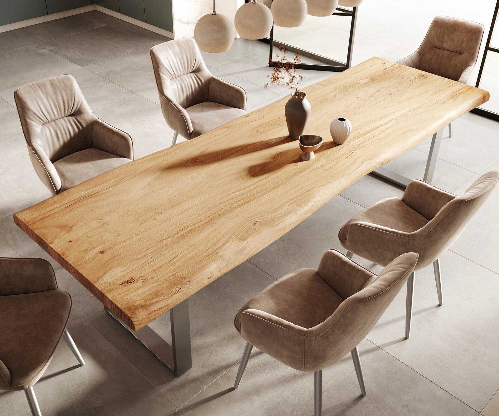 Eettafel Edge 300x100 XL acacia natuur roestvrijstaal smal Live-Edge 4