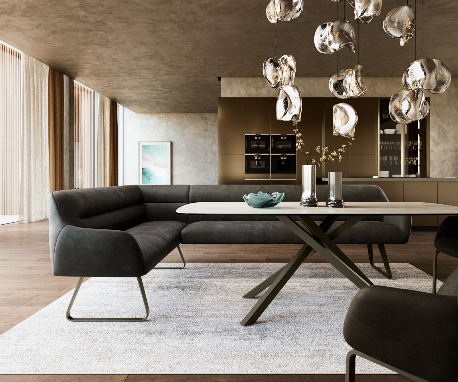 Eetkamerbank Taya-Flex 285x190 cm microvelours anthraciet vintage platte sledebasis afwerking met titaniumeffect pocketvering rechts 2