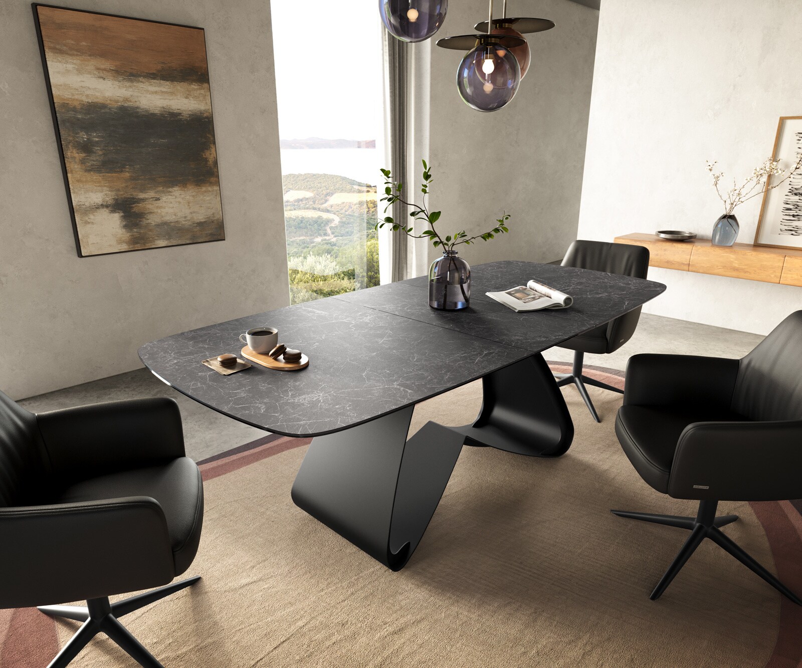 Eettafel Edge Boot 180-220x100 cm Keramiek Laminam® Nero Greco Anthrazit W-onderstel Zwart uitschuifbaar 1