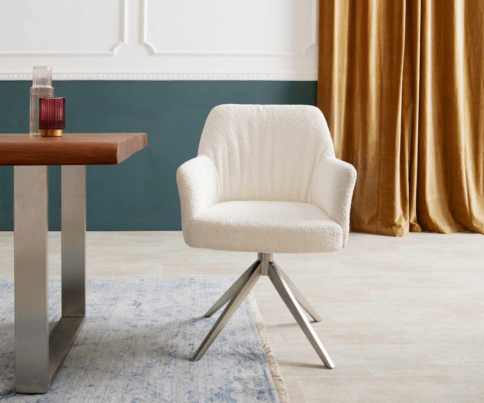 Draaistoel Xana-Flex met armleuning bouclé wit kruisframe breed roestvrij staal 360° draaibaar pocketveer kern 1 Draaistoel Xana-Flex met armleuning bouclé wit kruisframe breed roestvrij staal 360° draaibaar pocketveer kern 1