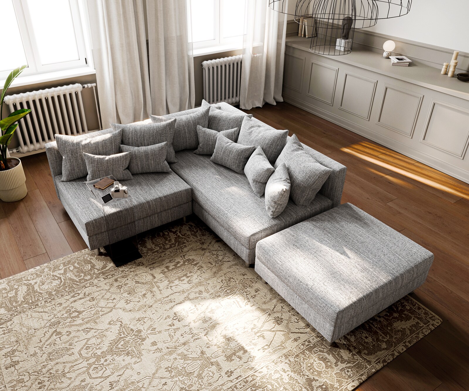 Hoekbank Clovis lichtgrijze structuur hocker rechts module bank 3 Hoekbank Clovis lichtgrijze structuur hocker rechts module bank 3