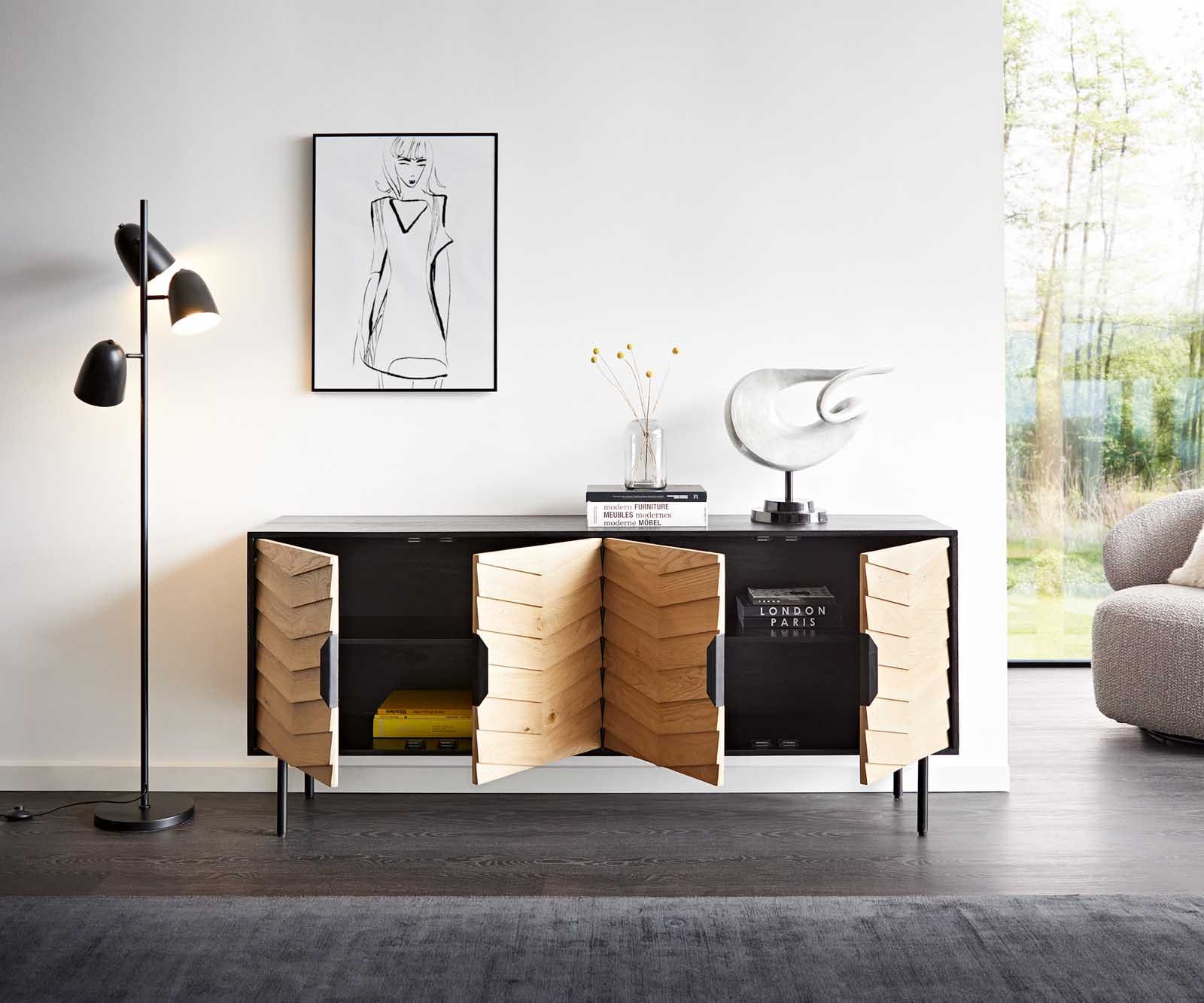Dressoir Muvi 175 cm natuur eiken mango zwart metaal zwart 4 deuren 4 Dressoir Muvi 175 cm natuur eiken mango zwart metaal zwart 4 deuren 4