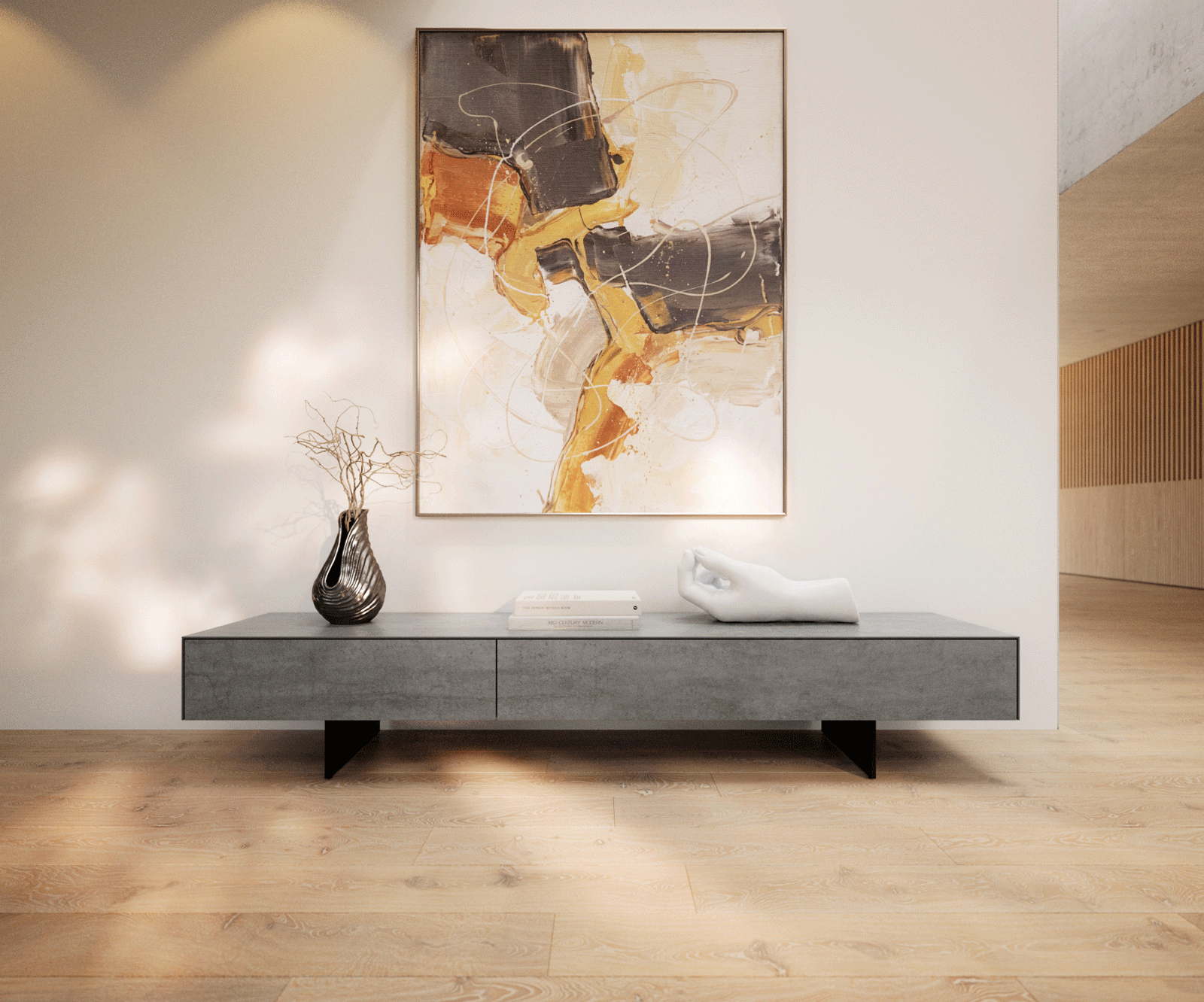 Tv-meubel Cuor 200 cm Keramiek Beton Grijs 1 Flap 1 Laden Zwevende voet look Metaal Zwart 2