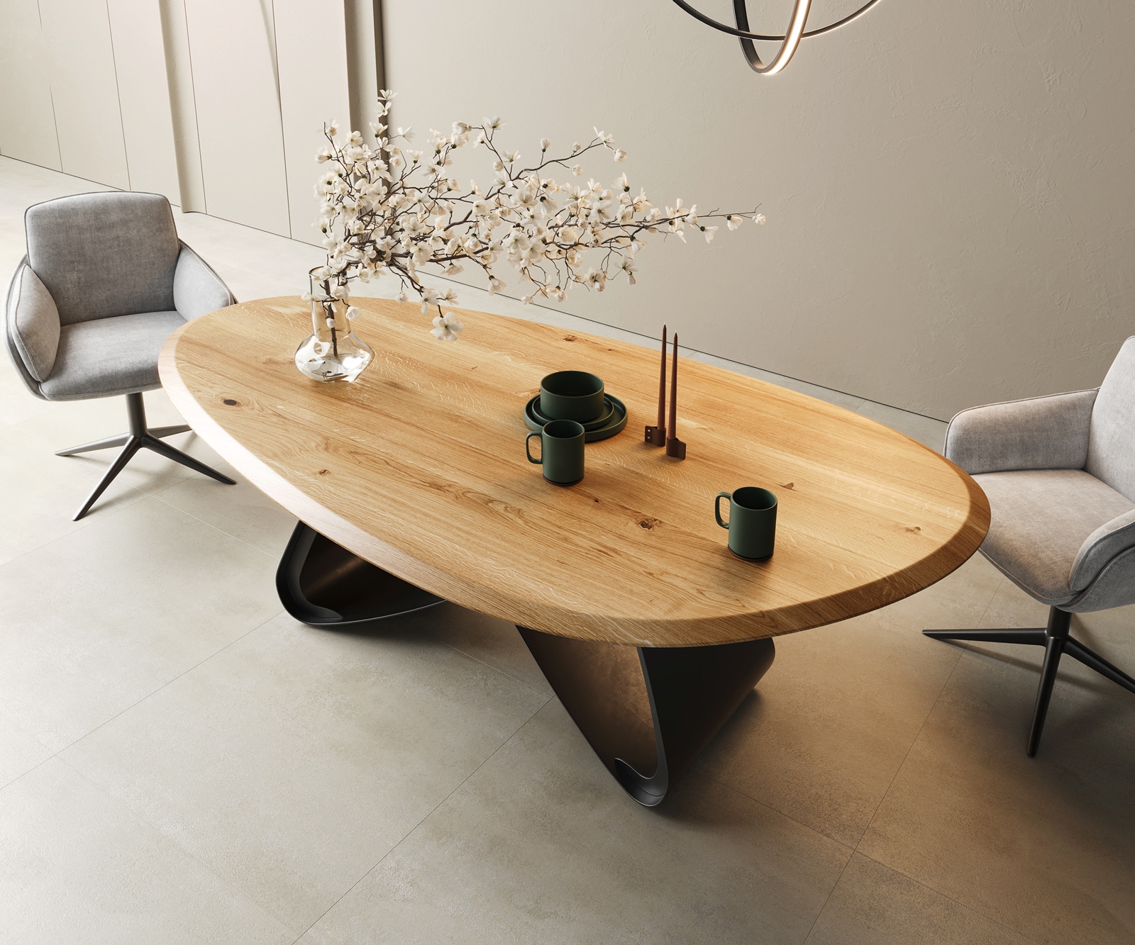 Eettafel Edge Oval 220x120x2,5 eiken natuur W-frame metaal zwart Flow-Edge 1