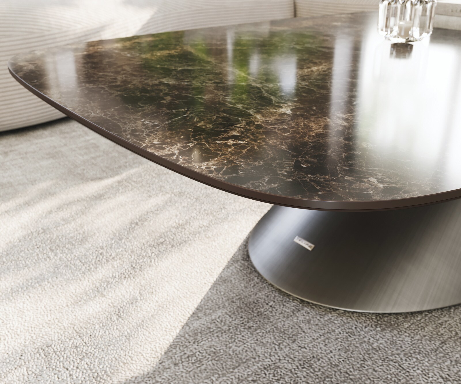 Salontafel Edge Boot 140x80 cm keramiek Laminam® Emperador Extra Lucidato donkerbruin Conis metallic zilver 6
