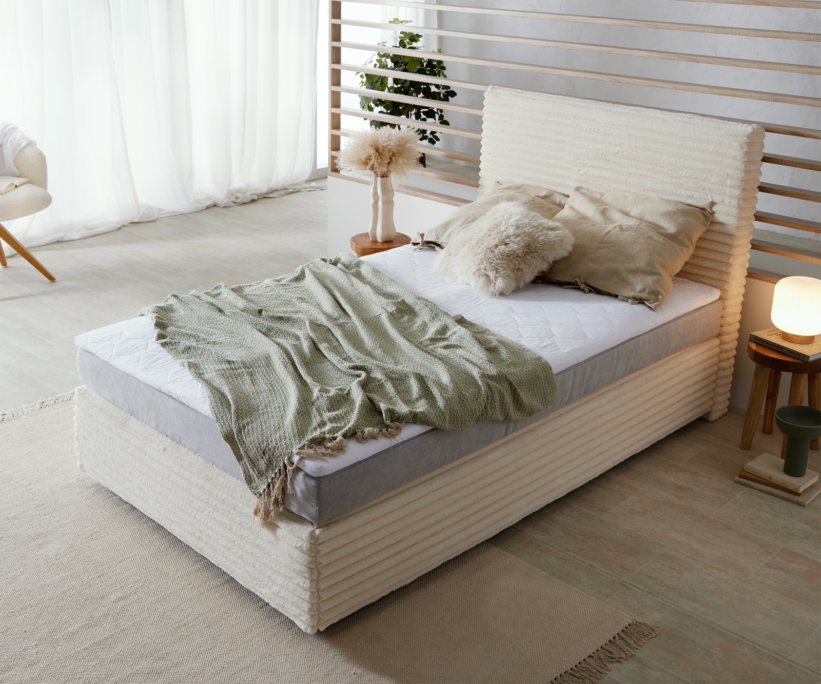 Boxspringbed Dream-Well pluche corduroy beige 120x200 cm Bonell matras PU topper 2 Boxspringbed Dream-Well pluche corduroy beige 120x200 cm Bonell matras PU topper 2
