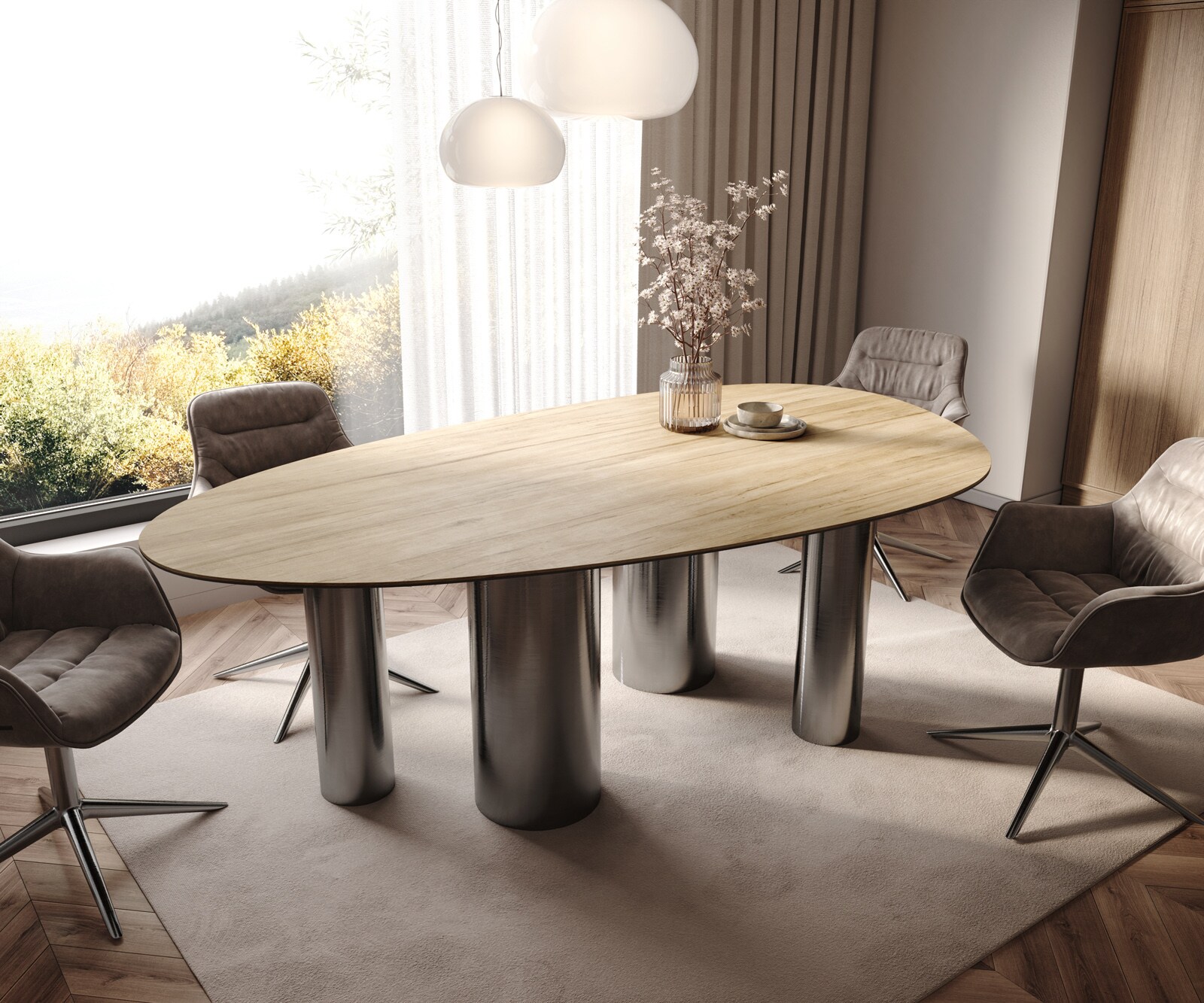 Eetkamertafel Edge ovaal 220x120 keramiek Laminam® Sabbia eiken kleur Pilier roestvrij staal grafiet 1