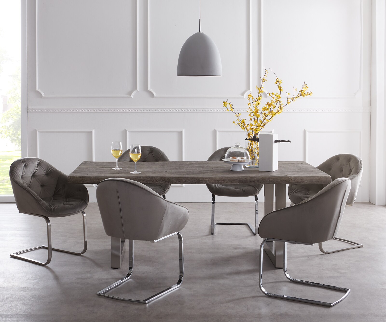 Eettafel Edge 200x100 XL acacia platina roestvrijstaal breed Live-Edge 1