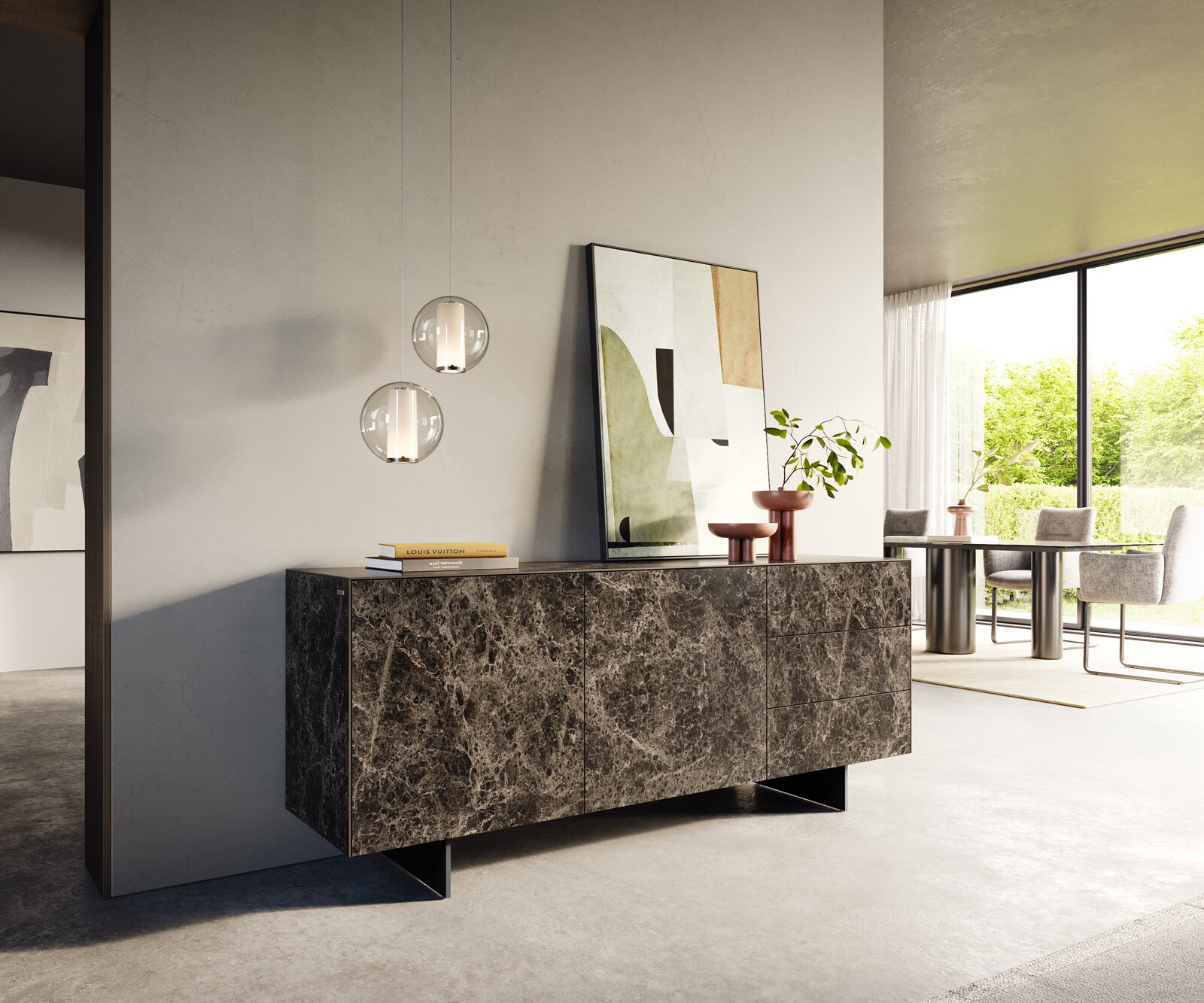 Dressoir Cuor 180 cm Keramiek Laminam® Emperador Extra Lucidato Donkerbruin 2 Deuren 3 Laden Zwevende voet look Metaal Zwart