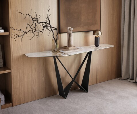 Consoletafel Edge Polygonaal 180x50 cm Keramiek Minas Melange Weiß-Beige Spios Metaal Zwart