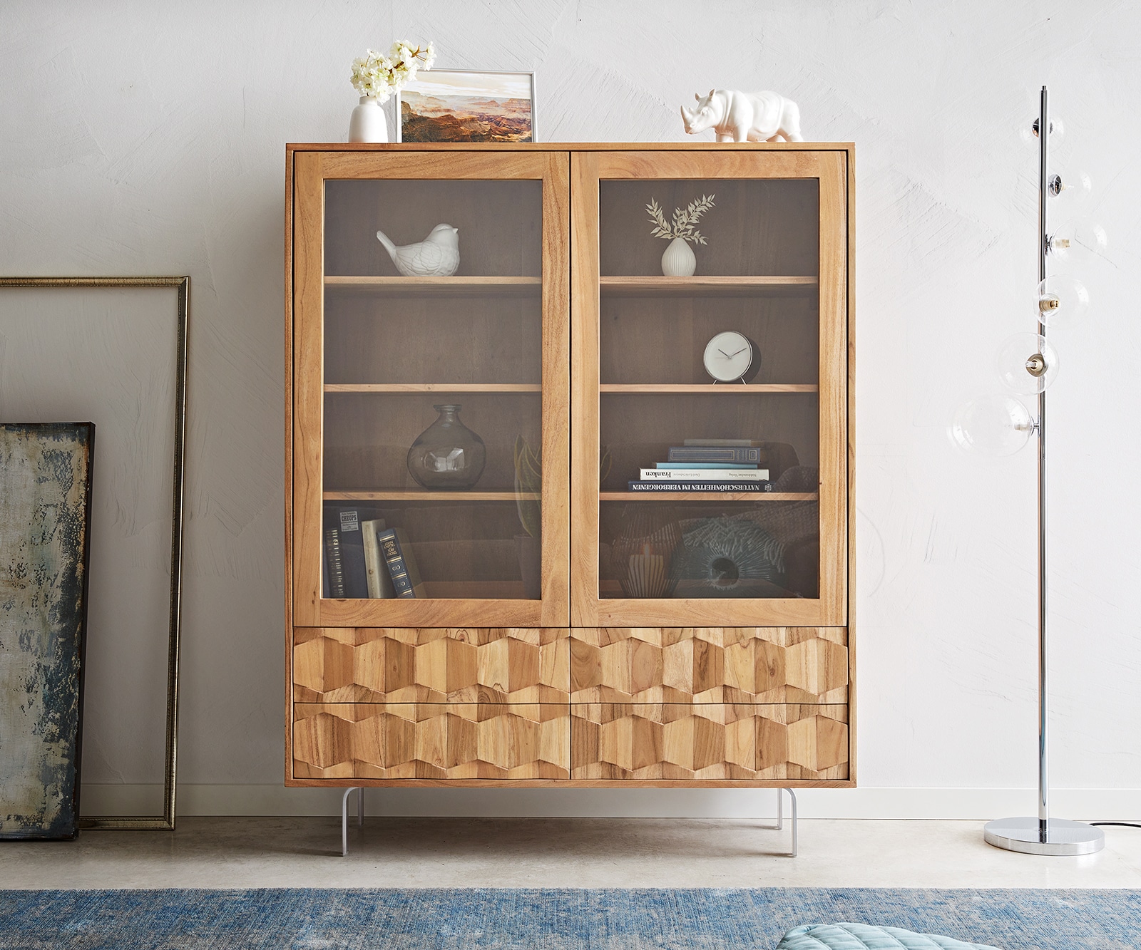 Vitrinekast Fevo 115x150 cm acacia natuur L-poot 1 Vitrinekast Fevo 115x150 cm acacia natuur L-poot 1