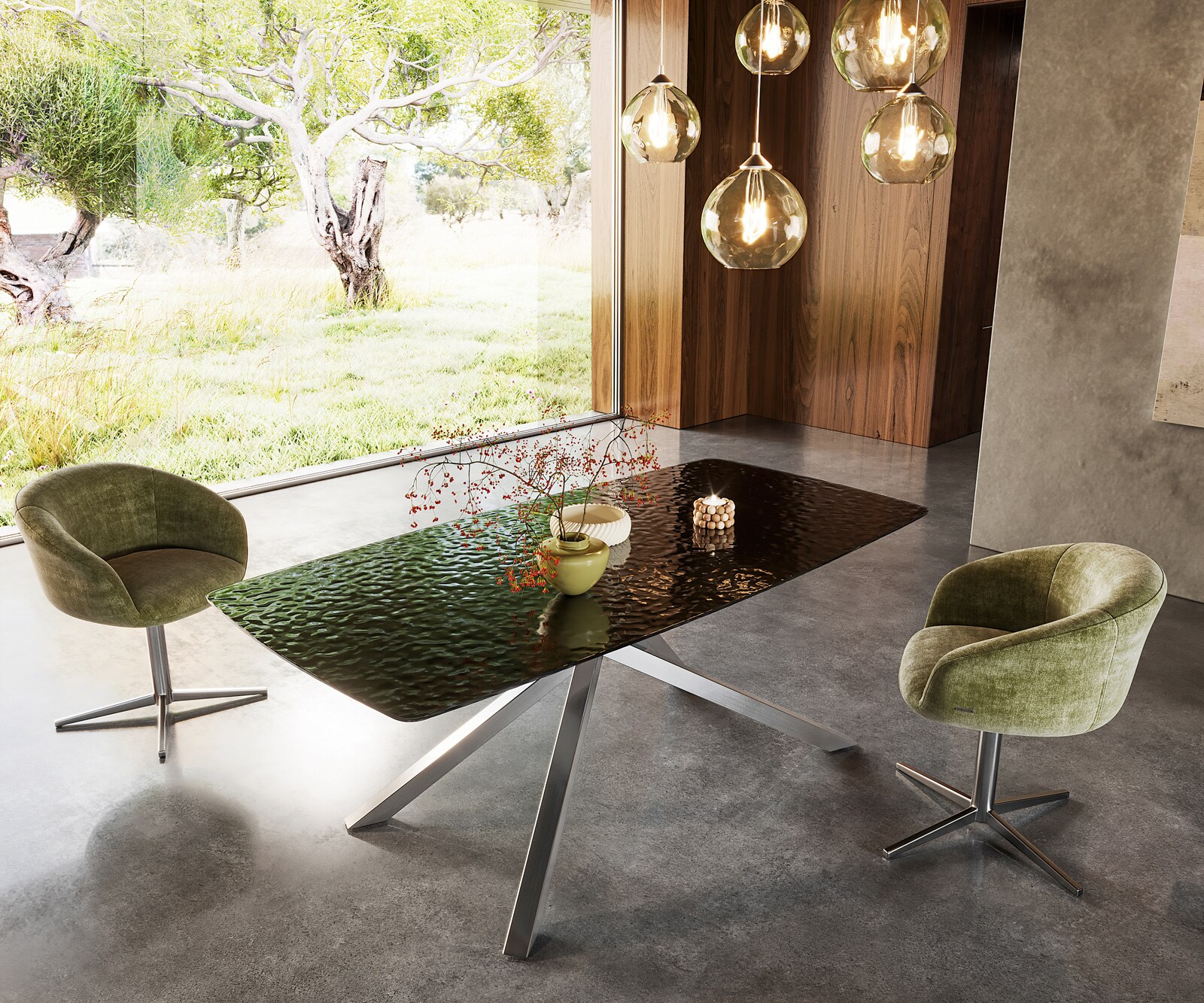 Eetkamertafel Edge Boot 200x100 Glas smelten rokerig zwart 3D-Relief kruisframe rechthoek RVS