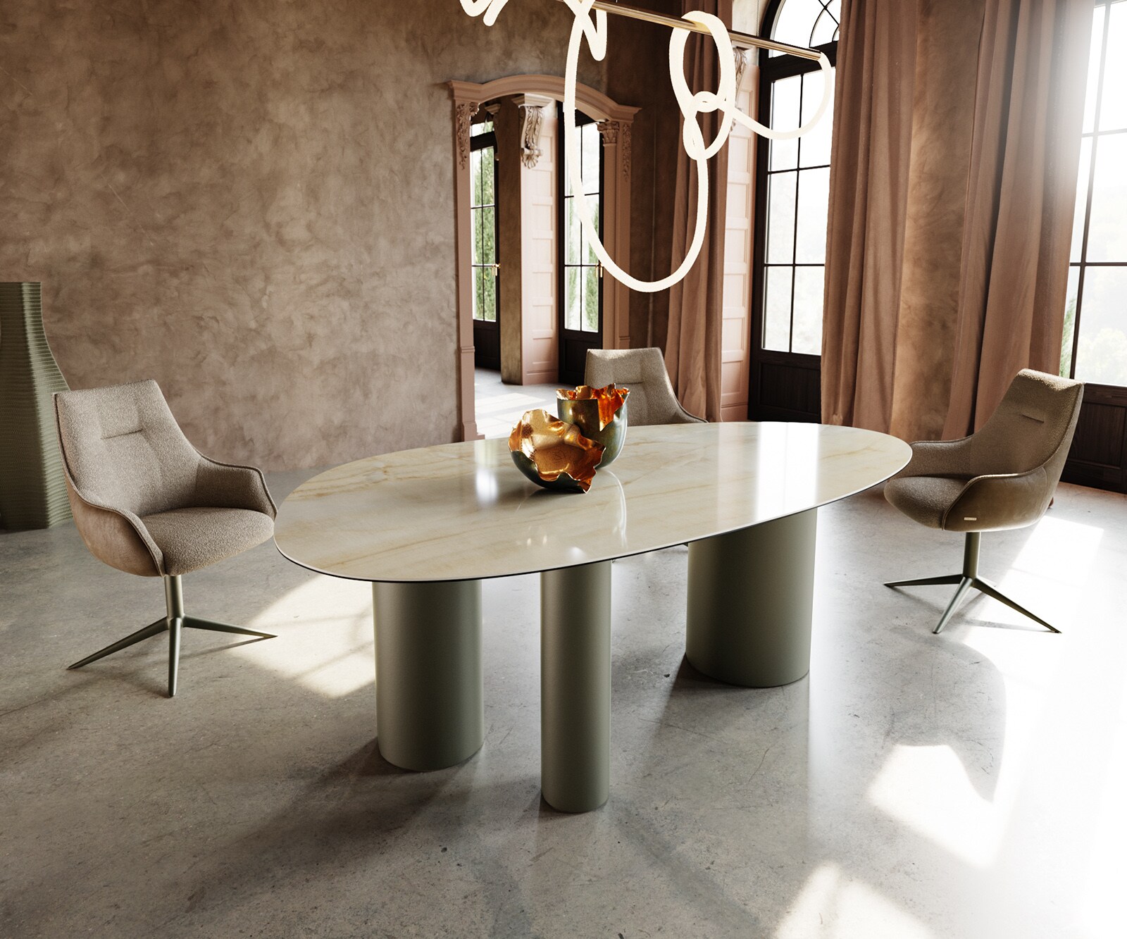 Eettafel Edge Oval 220x120 keramiek  Iris FMG Onice Oro Troa metaal effectafwerking Titan