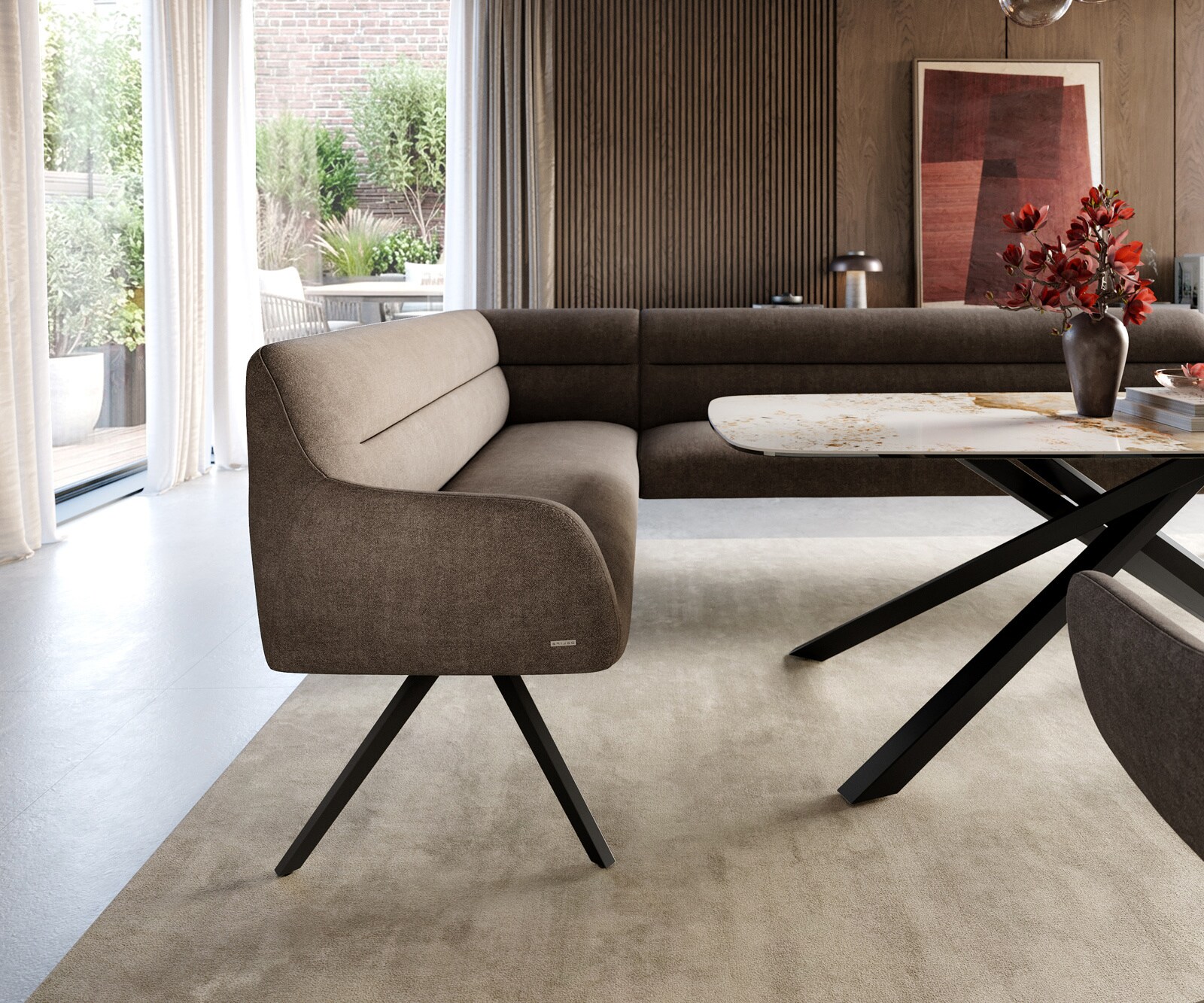 Eetkamerbank Taya-Flex 285x190 cm zachte stof met structuur taupe hoekig kruisframe zwart pocketvering rechts 4