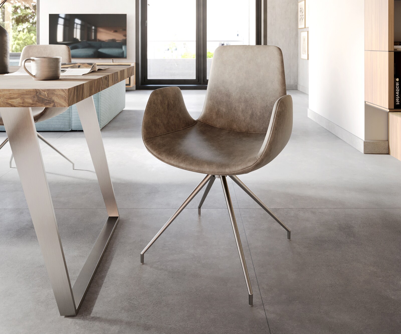 Eetkamerstoel Ilia-Flex met armleuning microvelours taupe vintage kruisframe conisch roestvrij staal