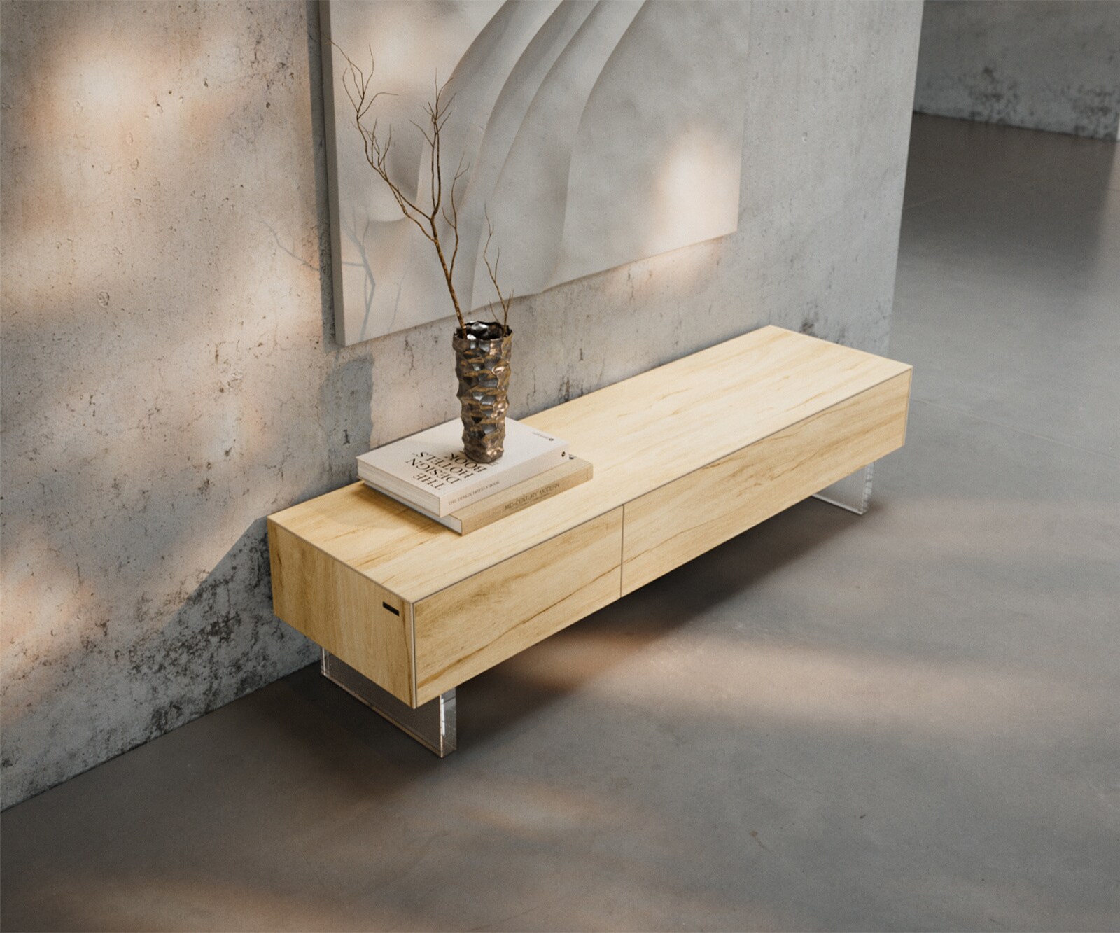 Tv-meubel Cuor 150 cm Keramiek Laminam® Sabbia Eiken gekleurd 1 Flap 1 Lade Zwevende voet look Acrylglas 3