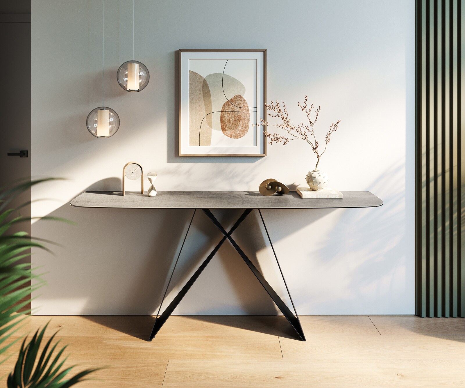 Consoletafel Edge Bootvorm 180x40 cm Keramiek Betongrijs Velio Metaal Zwart 2