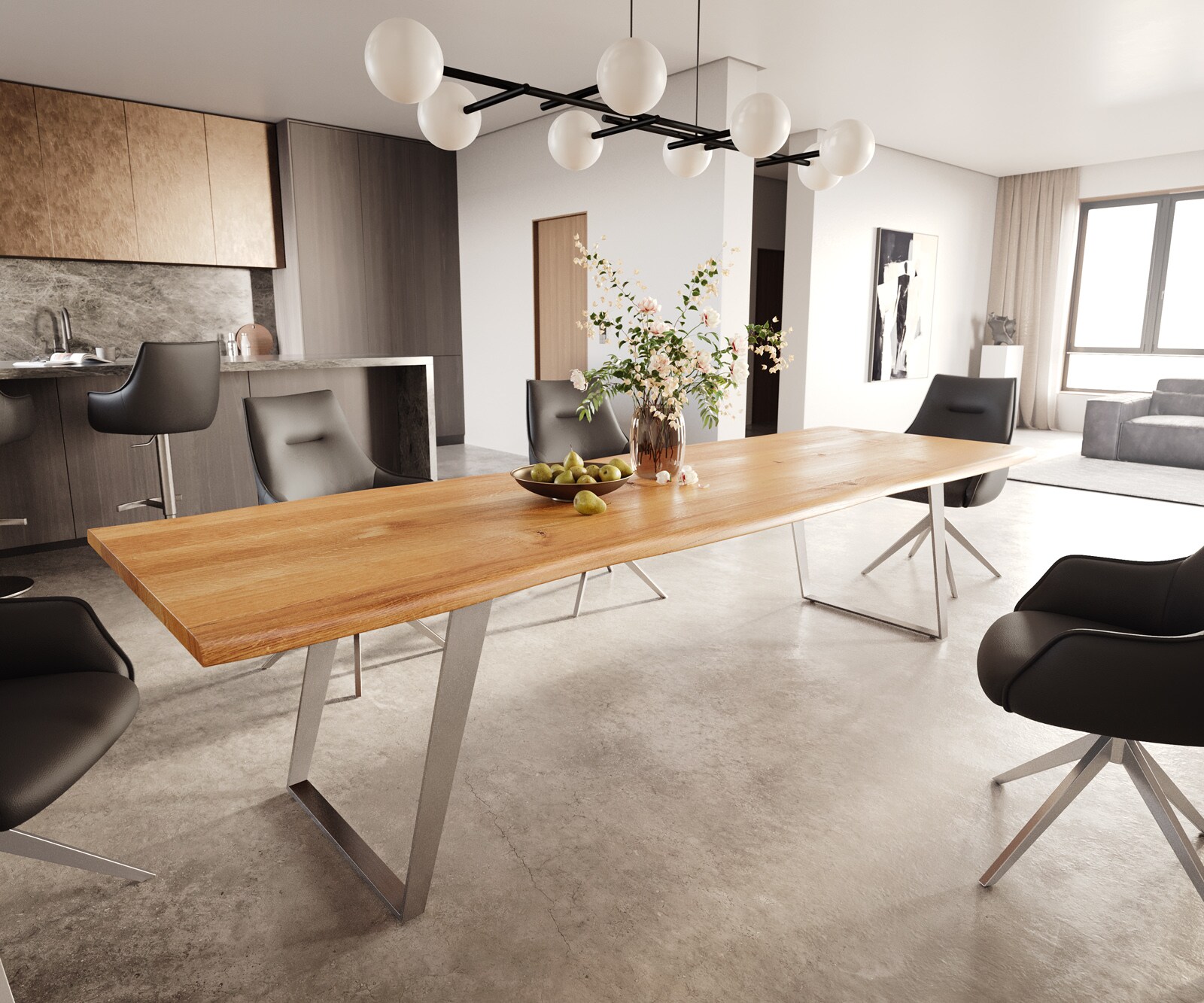 Eettafel Edge 300x100x4 eiken natuur RVS schuin Live-Edge