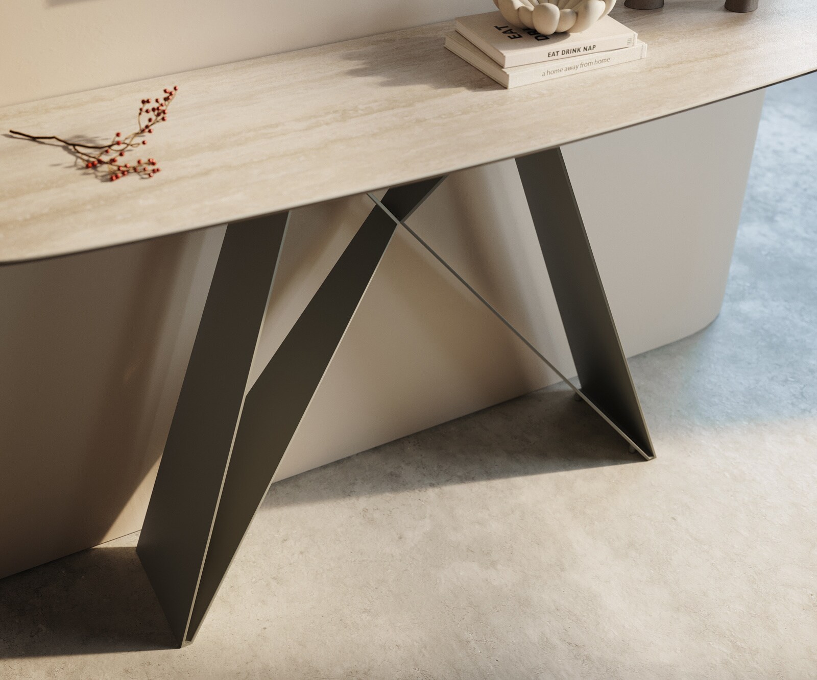 Consoletafel Edge Bootvorm 140x40 cm Keramiek Laminam® Travertino Bianco Creme-Weiß Velio Metaal Effektfinish Titan 6