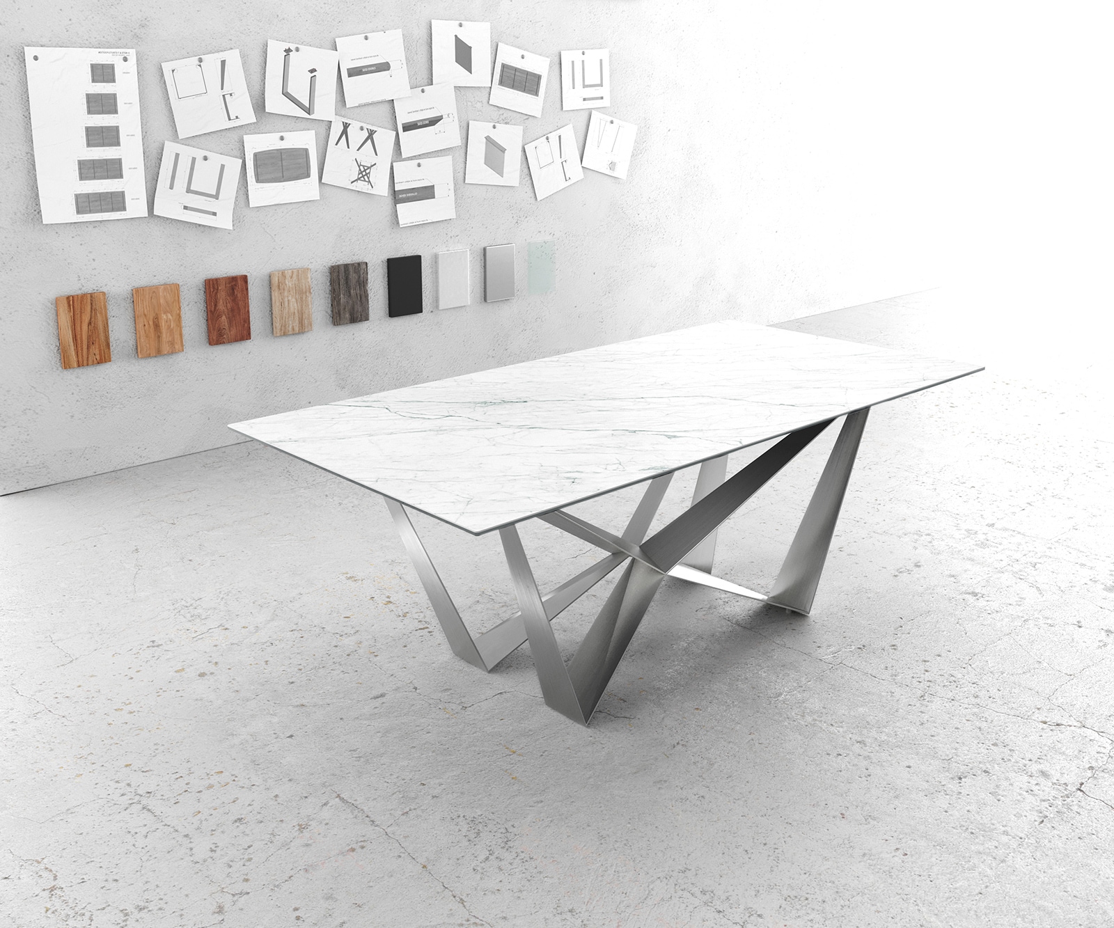 Eettafel Edge 200x100cm Laminam® keramiek wit middenpoot vlak staal zilver Eettafel Edge 200x100cm Laminam® keramiek wit middenpoot vlak staal zilver