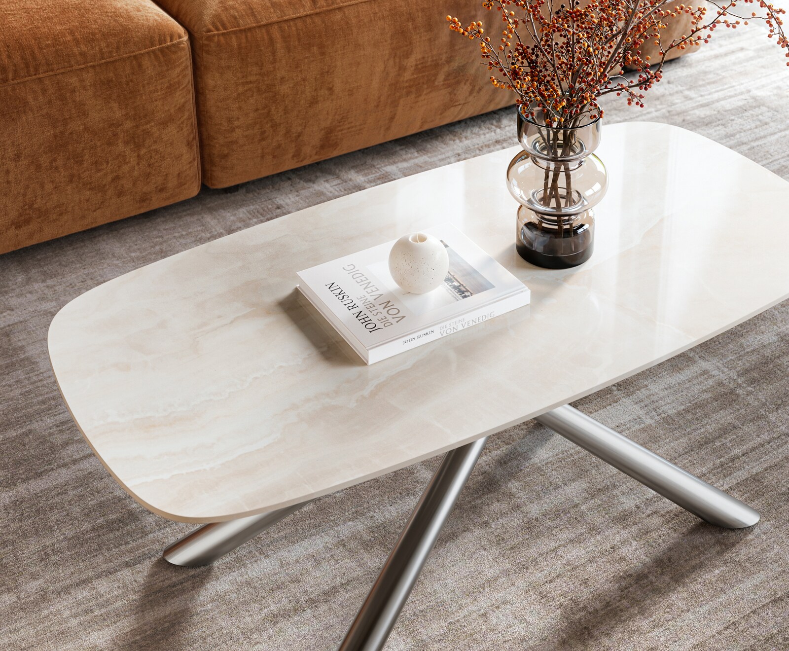 Salontafel Edge bootvormig 100x50 cm keramiek Onyx Champagne Sarity roestvrij staal geborsteld 3