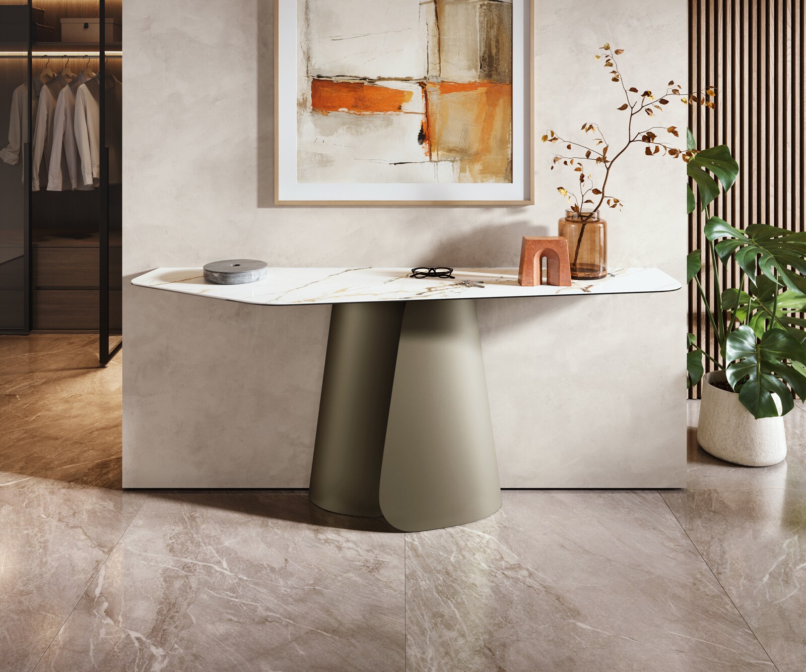 Consoletafel Edge Polygonaal 180x50 cm Keramiek Calacatta Luxe Weiß-Gold-Grijs Livos Metaal Effektfinish Titan 4