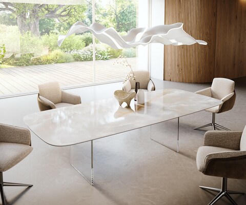 Eetkamertafel Edge Boot 270x120 cm Keramiek Iris FMG Onice Grigio onderstel van glas