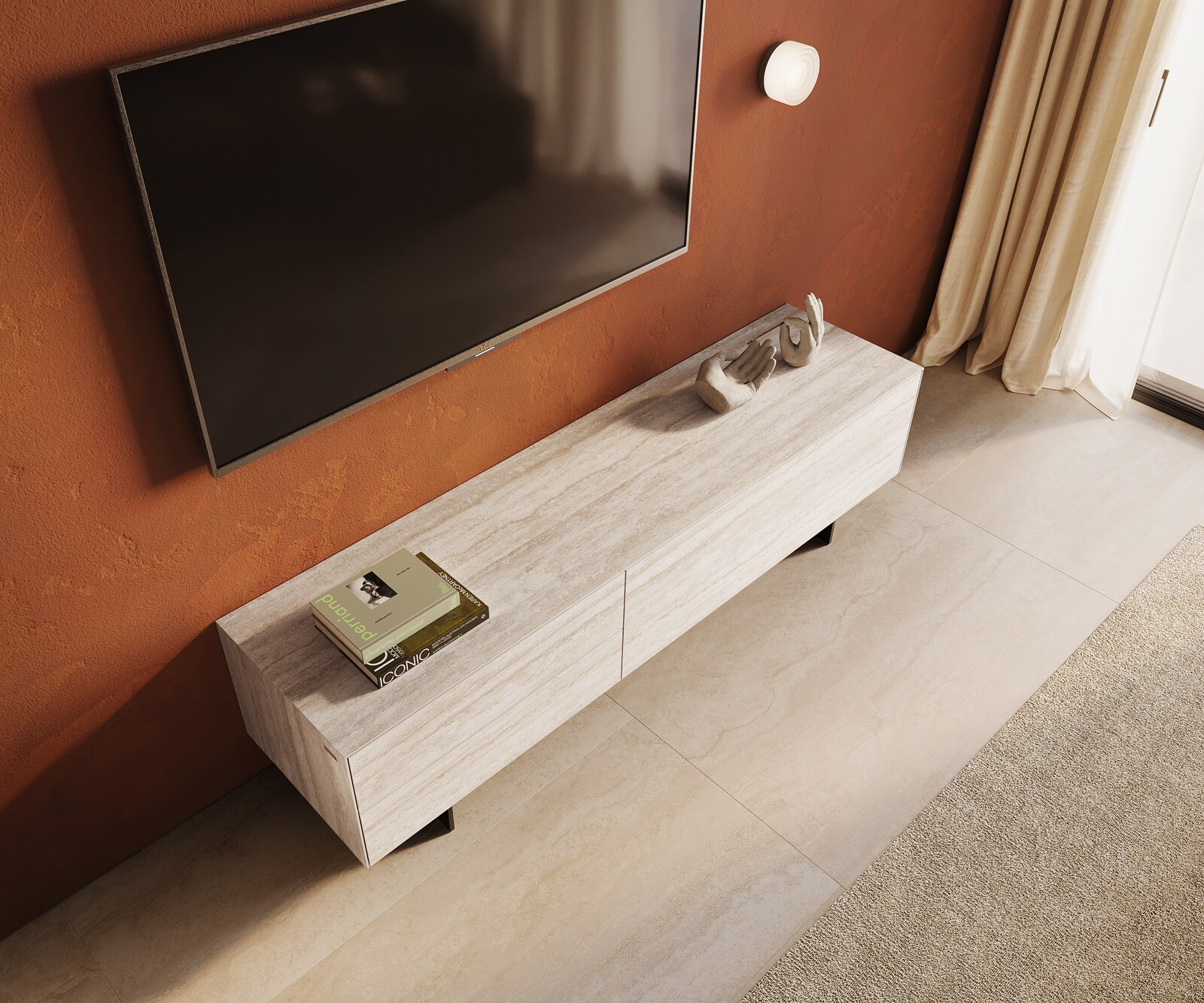 Tv-meubel Cuor 180 cm Keramiek Laminam® Travertino Bianco Crème-wit 1 Flap 2 Laden Zwevende voet look Metaal Zwart 3