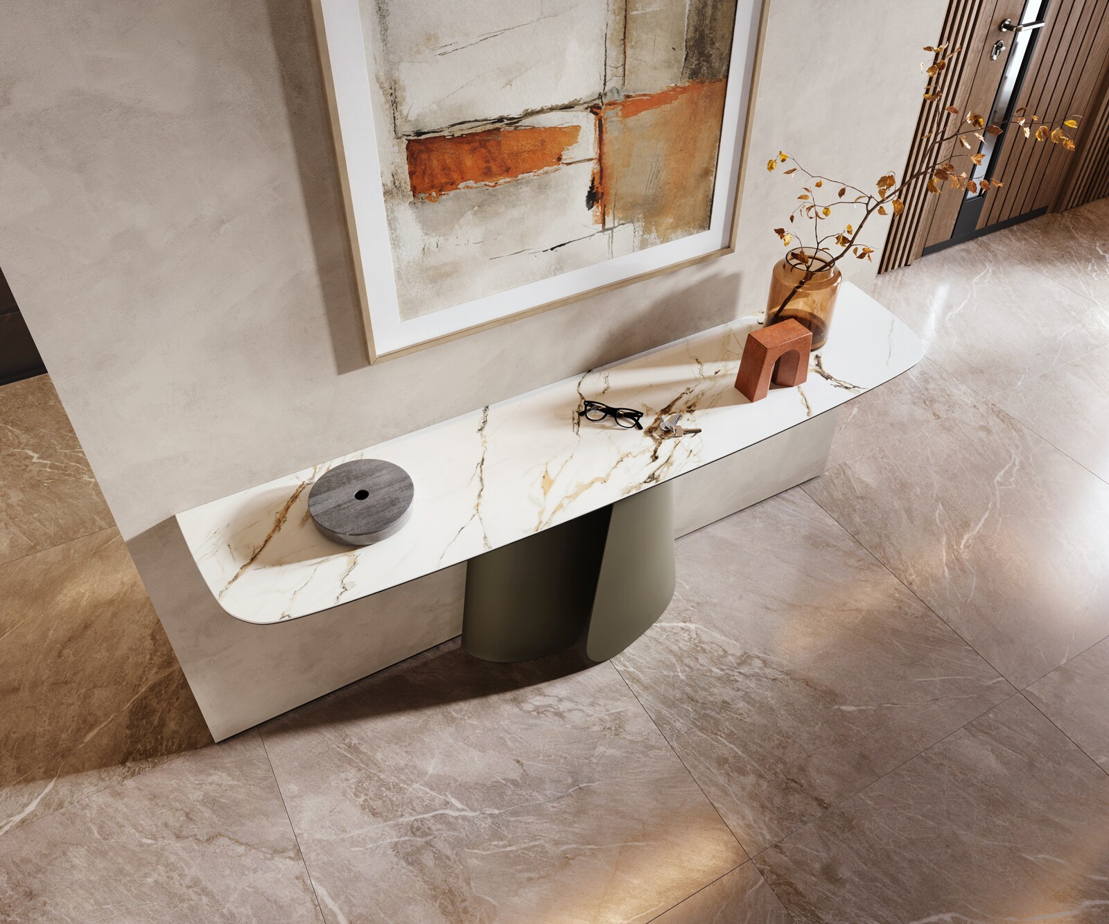 Consoletafel Edge Bootvorm 180x40 cm Keramiek Calacatta Luxe Weiß-Gold-Grijs Livos Metaal Effektfinish Titan 2