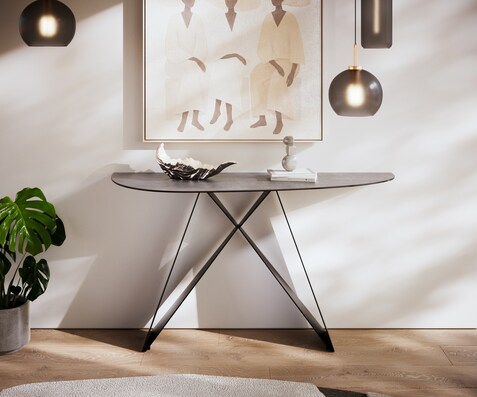 Consoletafel Edge Oval 140x40 cm Keramiek Beton Grijs Velio Metaal Zwart
