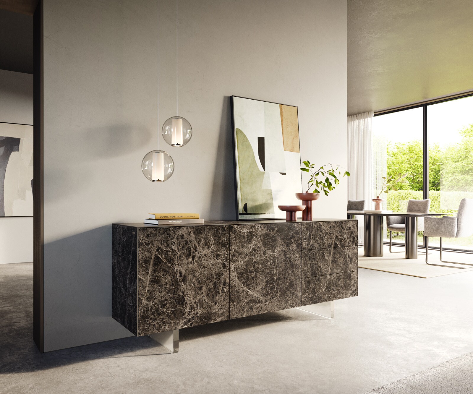 Dressoir Cuor 180 cm Keramiek Emperador Extra Lucidato Donkerbruin 2 Deuren 3 Laden Zwevende voet look Acrylglas